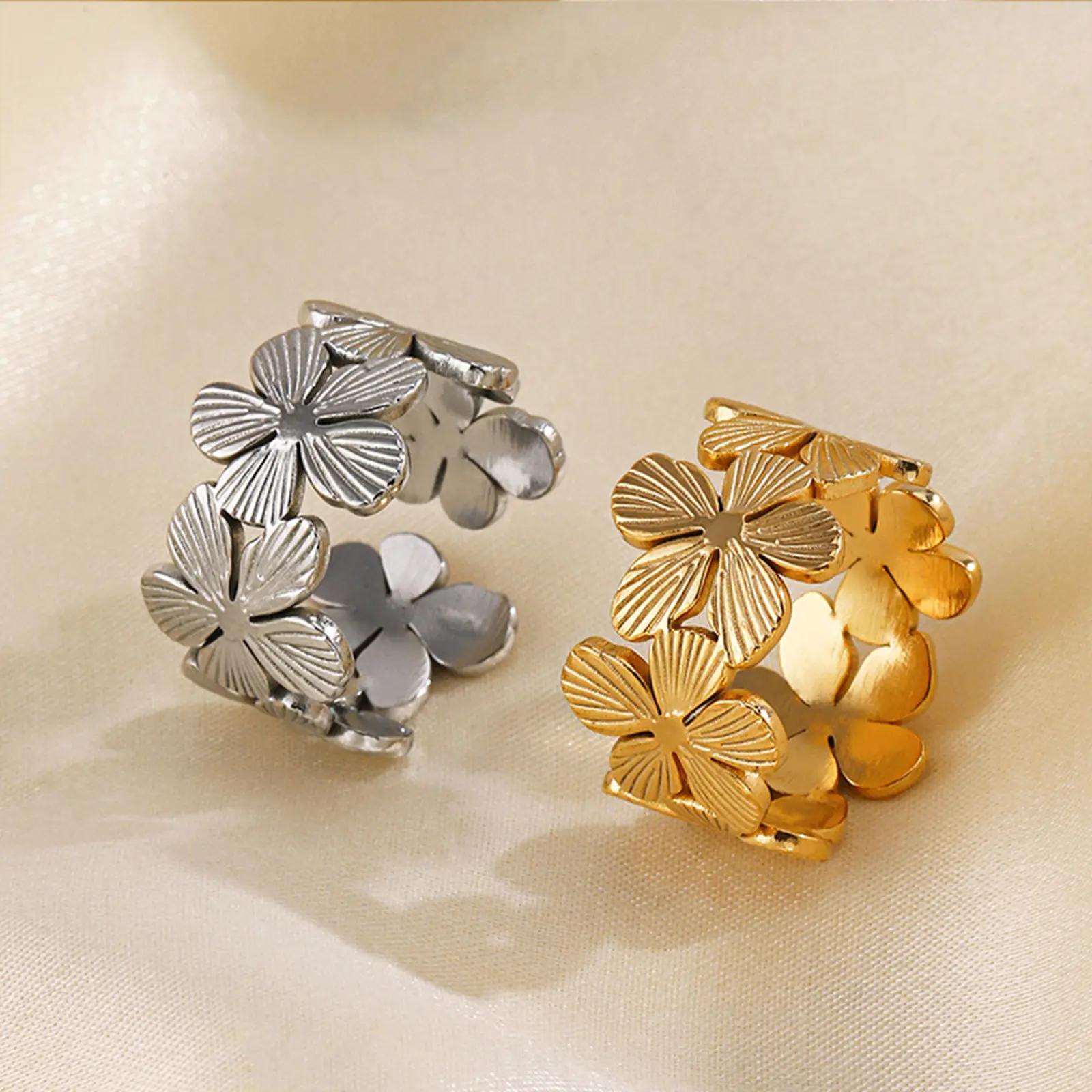 304 Stainless Steel Ins Style Open Rings For Women Men Fashion Jewelry Flower Stripe Rings Gift Party Accessory, 1 Piece