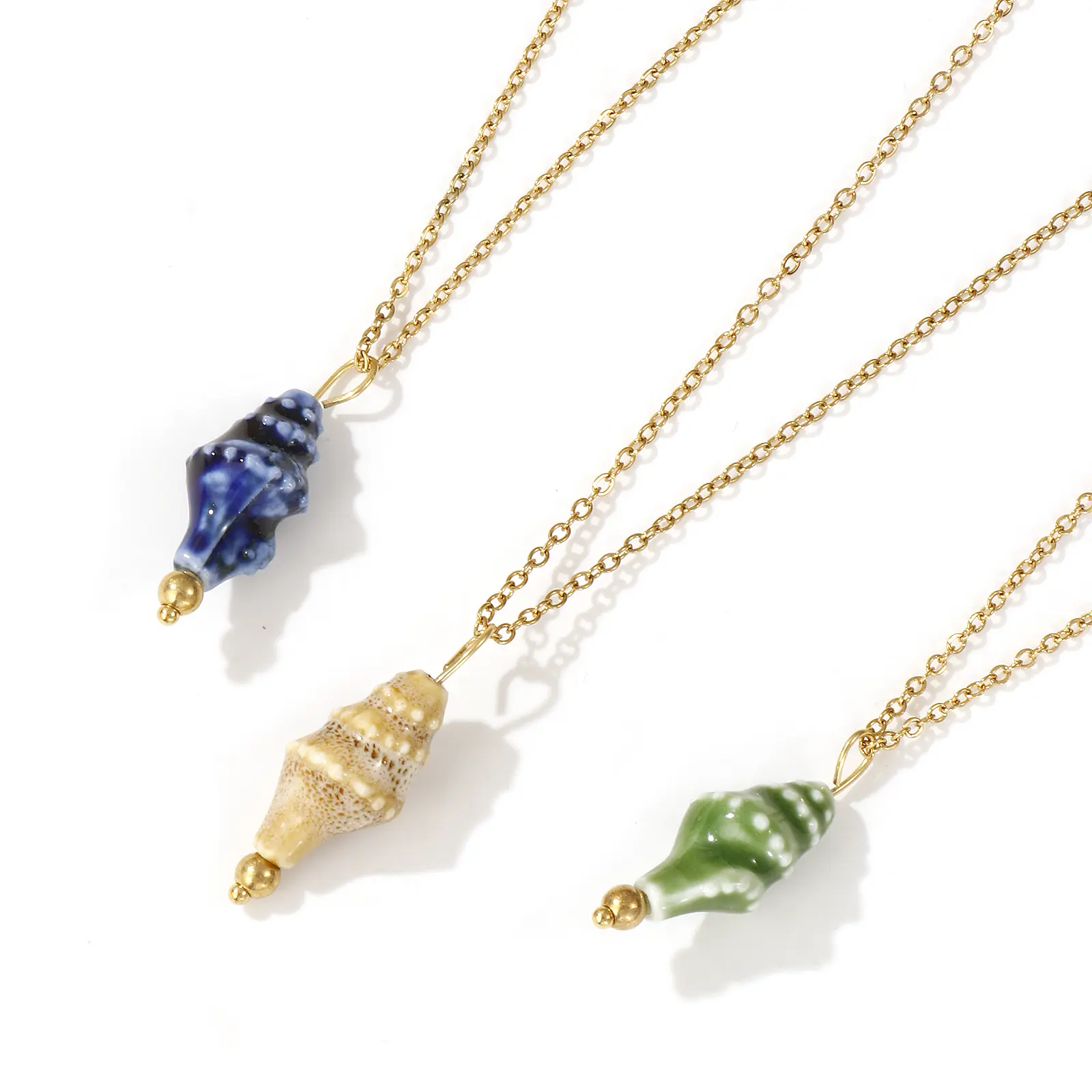 304 Stainless Steel & Ceramic Necklace 18K Gold Plated Link Cable Chain Conch/ Sea Snail Pendant Necklace For Women 45cm+5cm