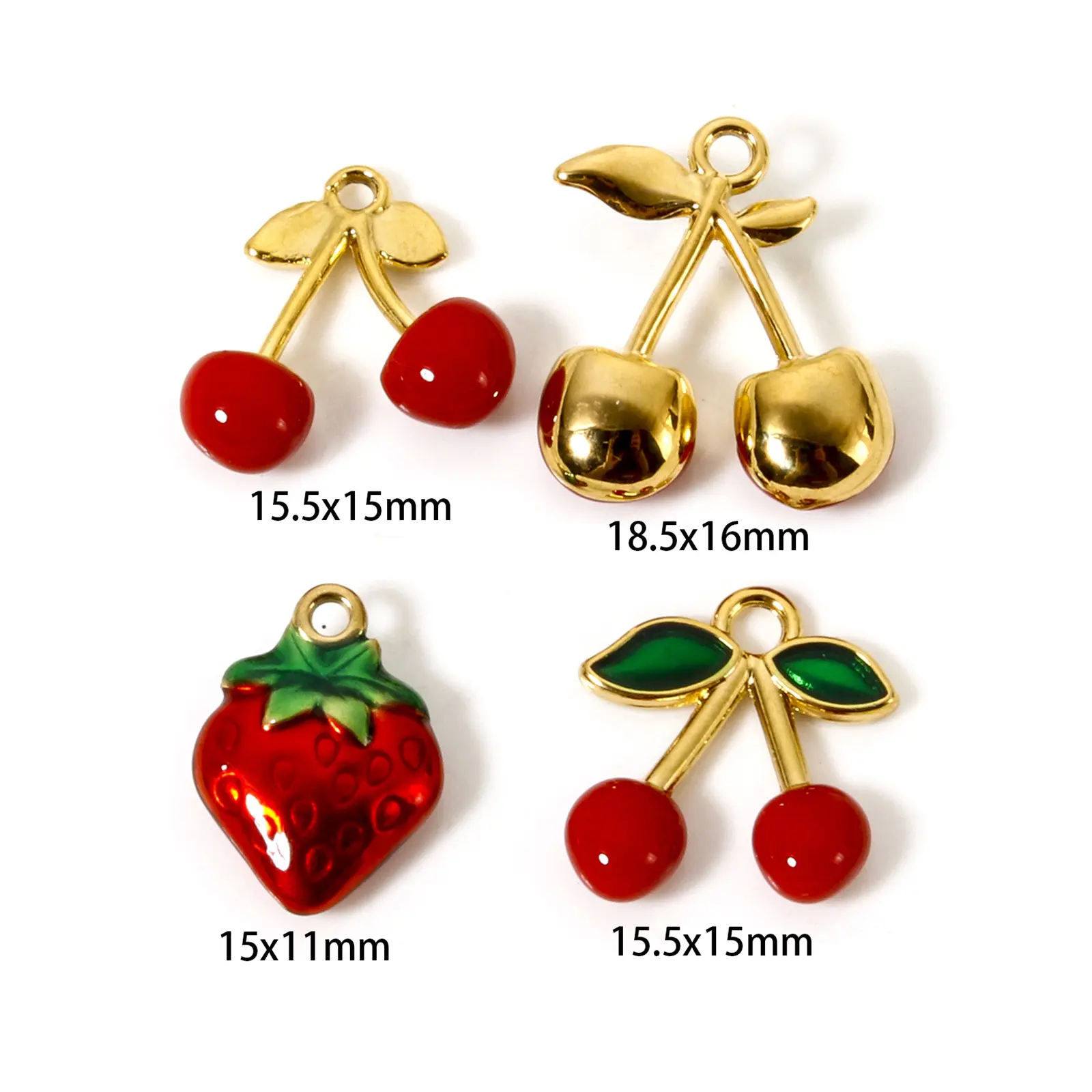1Piece 304 Stainless Steel Flora Collection Charms 18K Gold Plated Red Enamel Cherry Strawberry Pendants For DIY Necklace Making