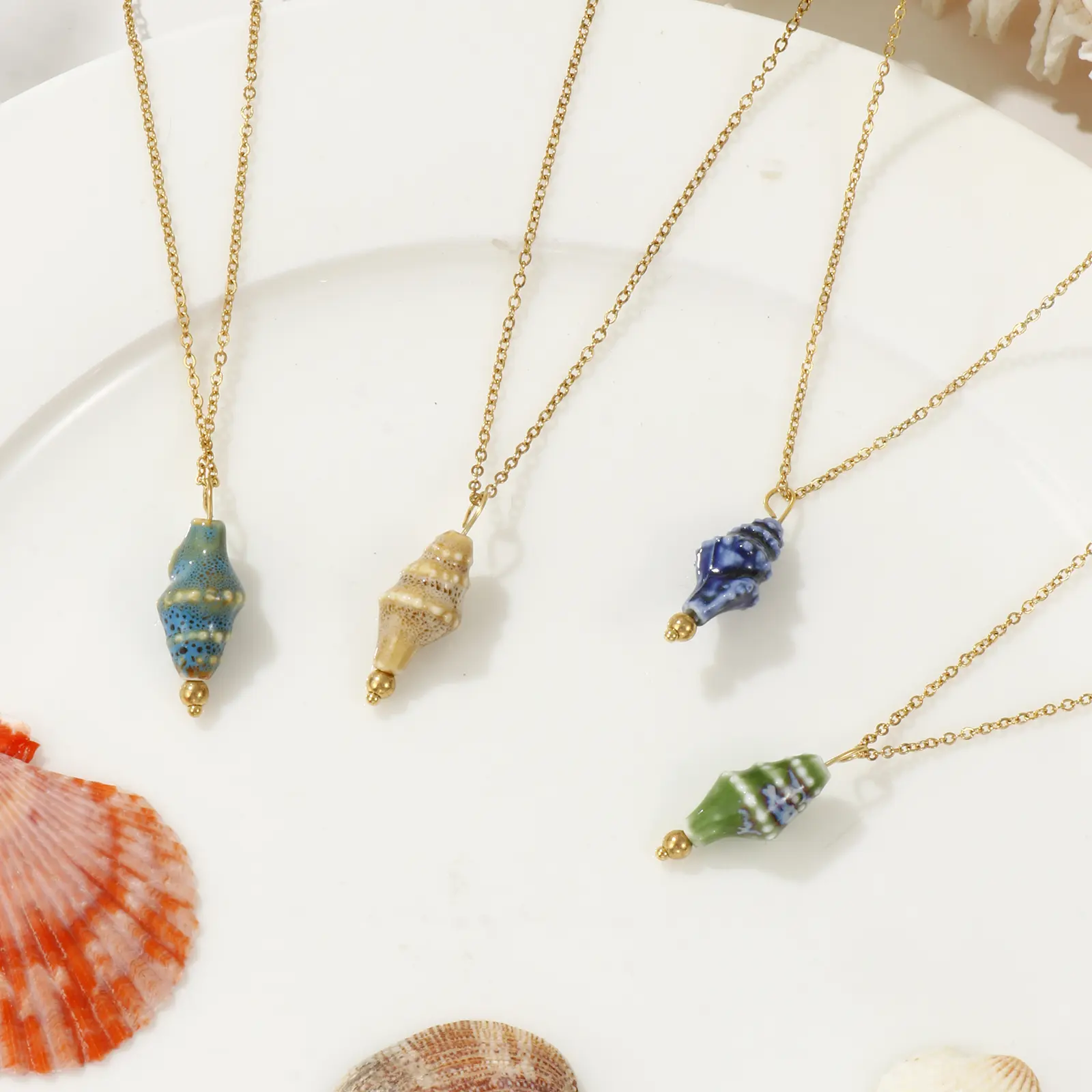 304 Stainless Steel & Ceramic Necklace 18K Gold Plated Link Cable Chain Conch/ Sea Snail Pendant Necklace For Women 45cm+5cm