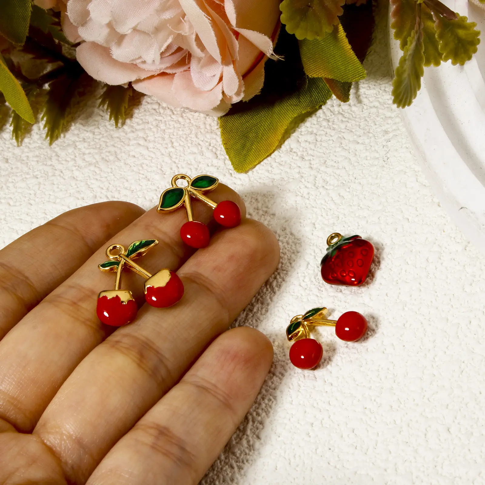 1Piece 304 Stainless Steel Flora Collection Charms 18K Gold Plated Red Enamel Cherry Strawberry Pendants For DIY Necklace Making