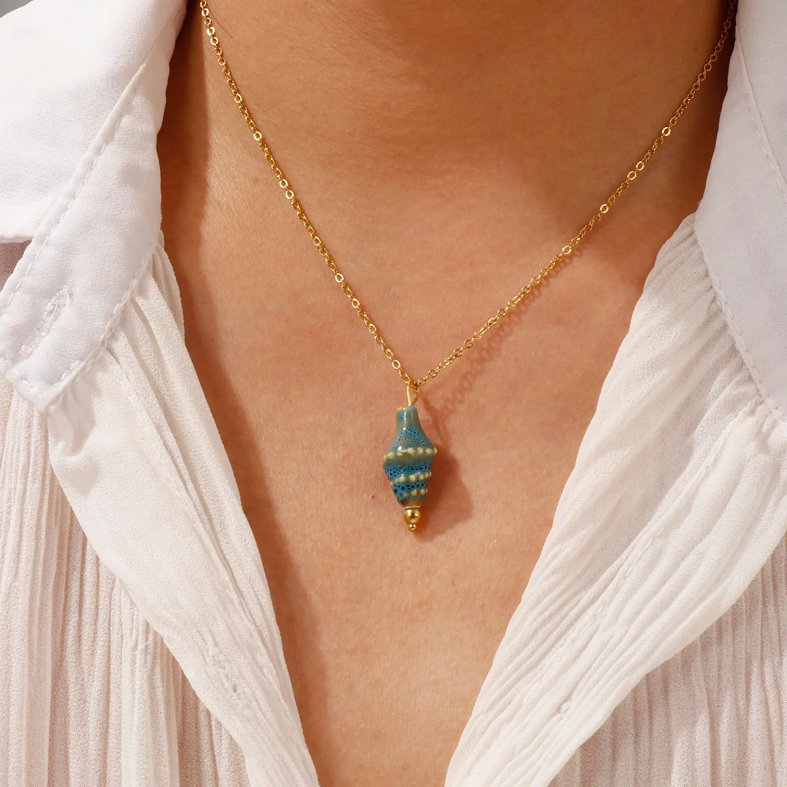 304 Stainless Steel & Ceramic Necklace 18K Gold Plated Link Cable Chain Conch/ Sea Snail Pendant Necklace For Women 45cm+5cm