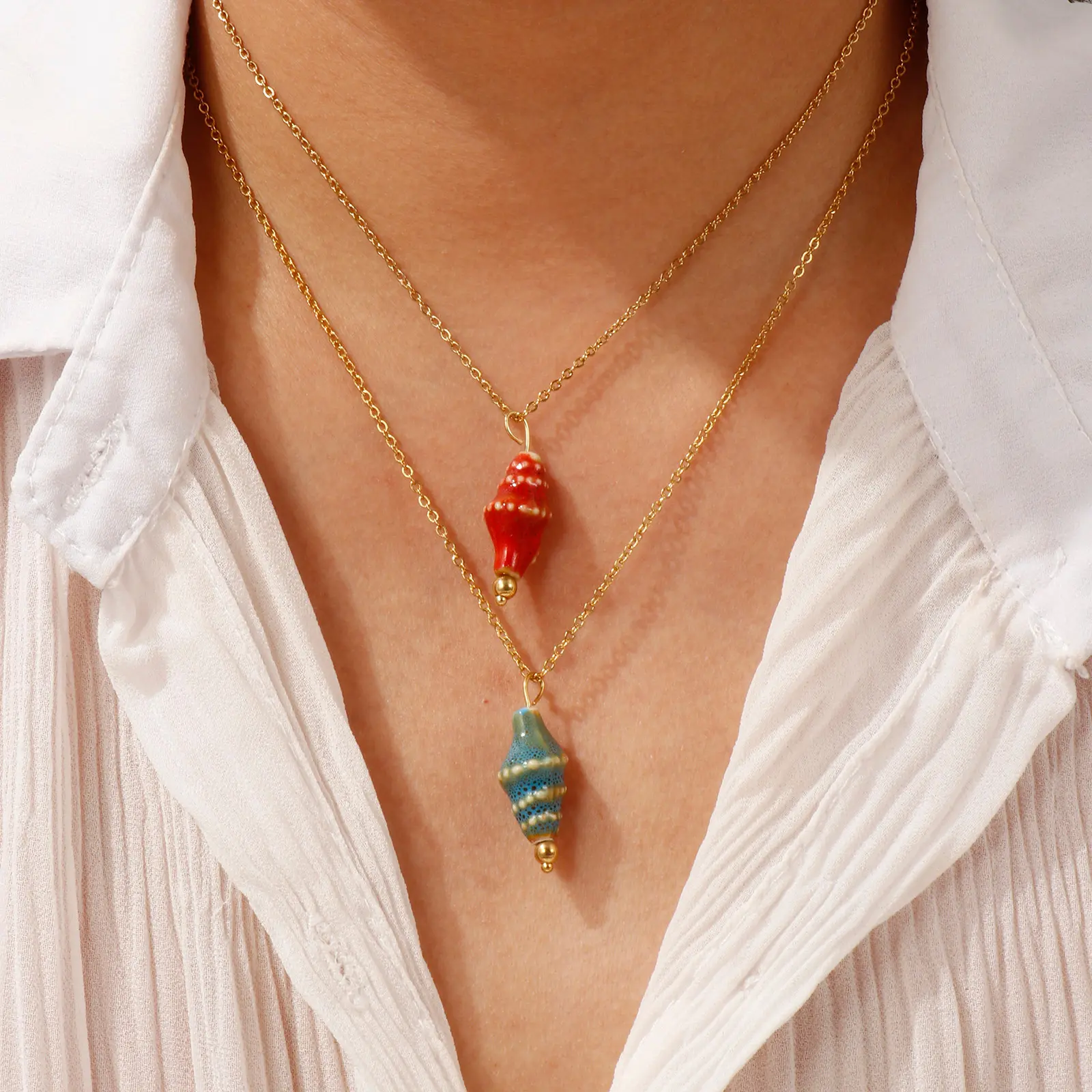304 Stainless Steel & Ceramic Necklace 18K Gold Plated Link Cable Chain Conch/ Sea Snail Pendant Necklace For Women 45cm+5cm
