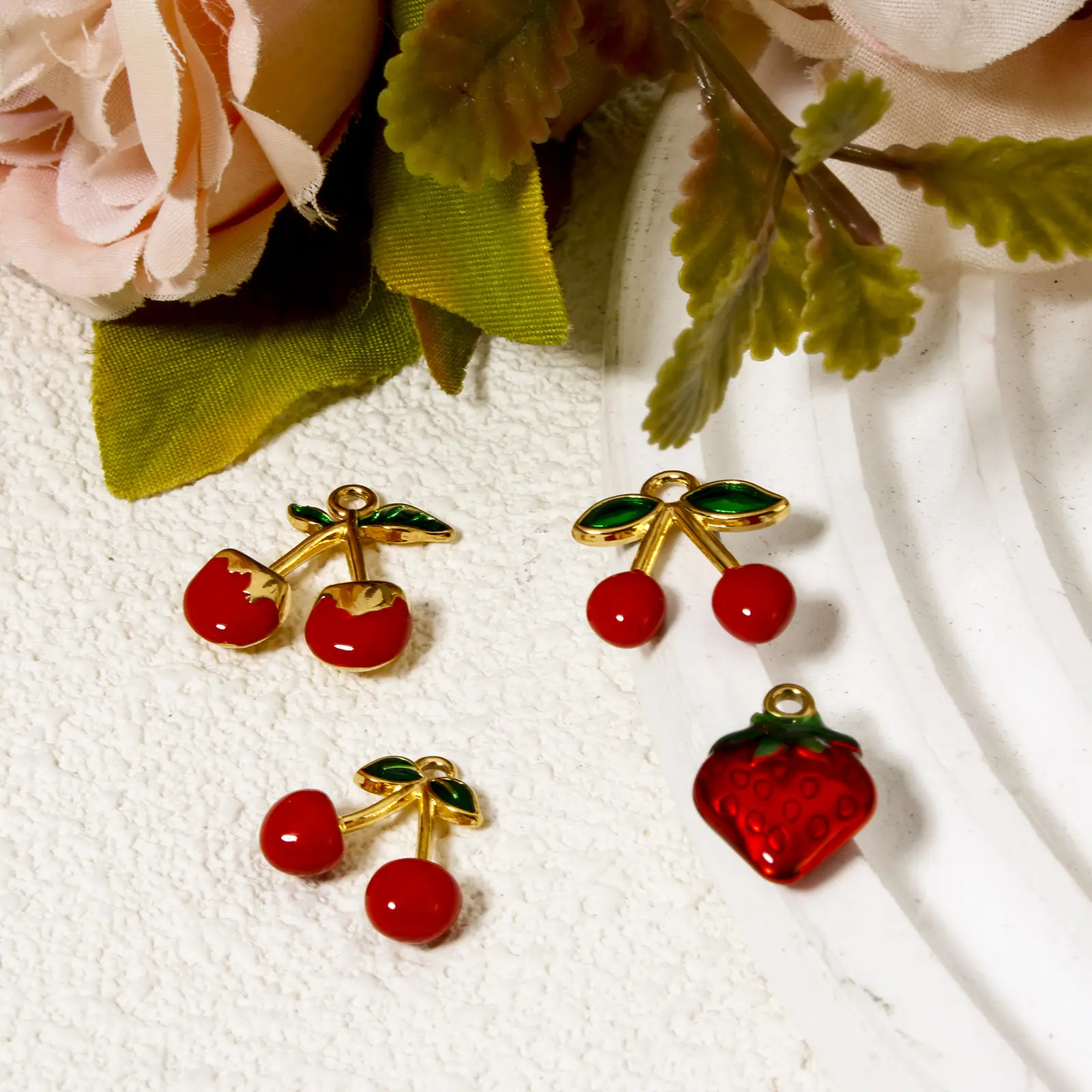 1Piece 304 Stainless Steel Flora Collection Charms 18K Gold Plated Red Enamel Cherry Strawberry Pendants For DIY Necklace Making
