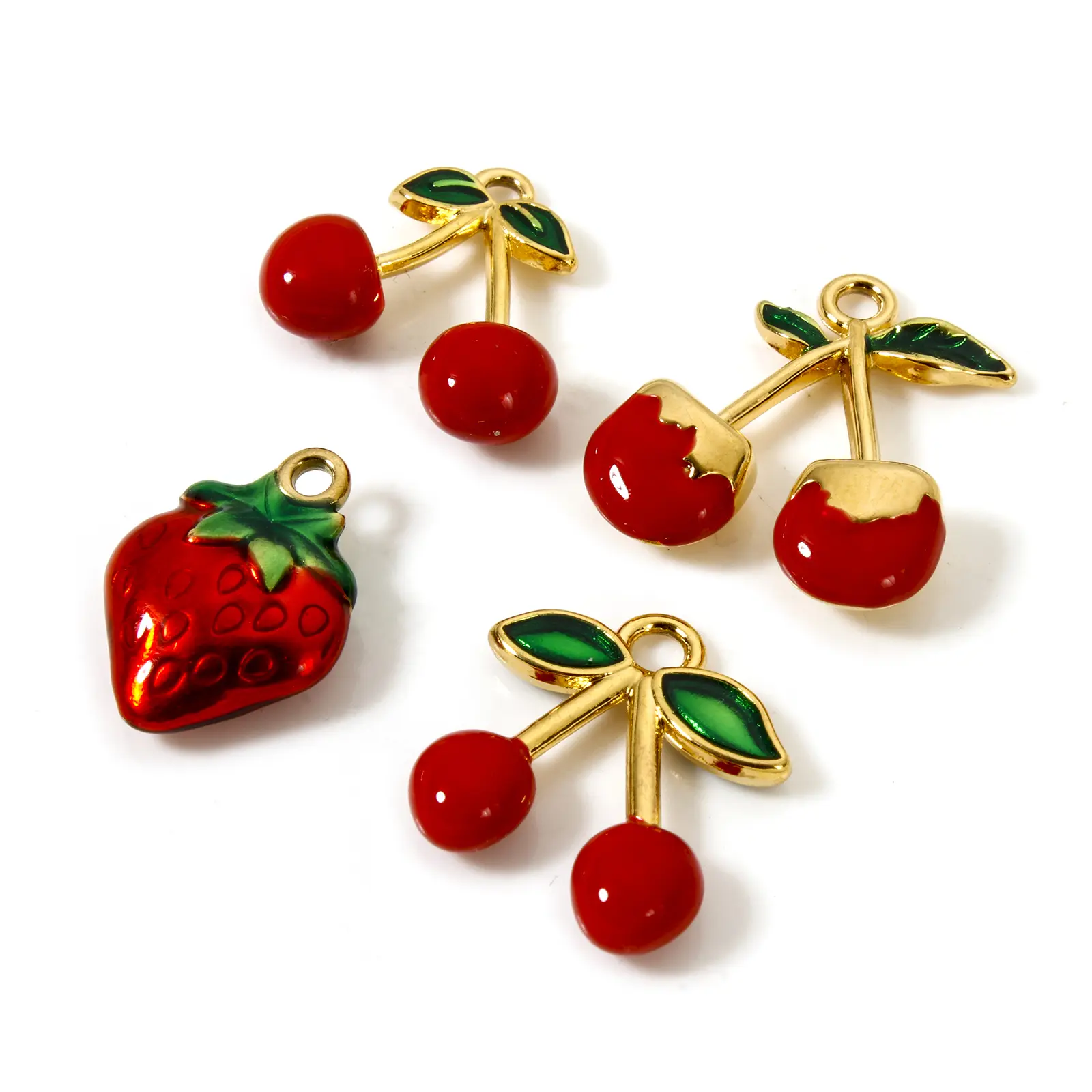 1Piece 304 Stainless Steel Flora Collection Charms 18K Gold Plated Red Enamel Cherry Strawberry Pendants For DIY Necklace Making