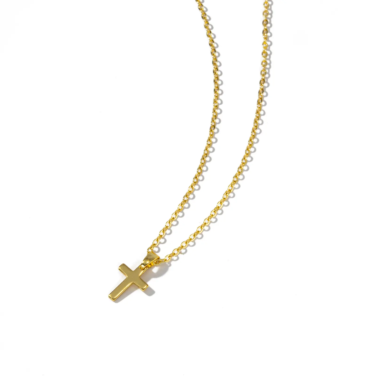 1 Piece Minimalist Religious 18K Real Gold Plated Brass Link Cable Chain Cross Pendant Charm Necklace Unisex Female Choker Gifts