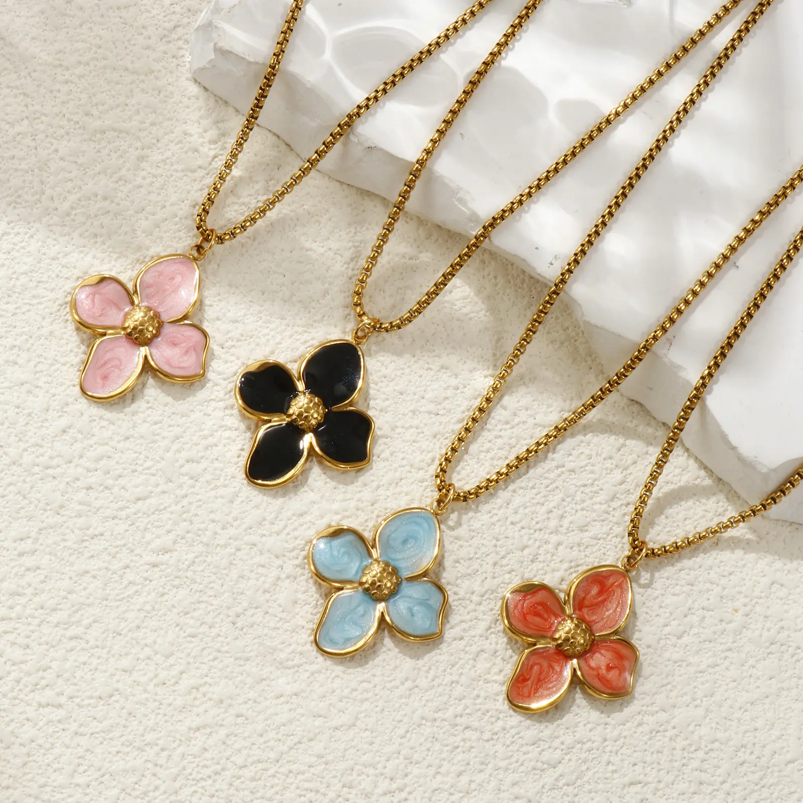 304 Stainless Steel Necklace 18K Gold Plated Box Chain Flower Pendant Charm Necklace For Women Enamel Gift 45cm(17.7") + 5cm(2")