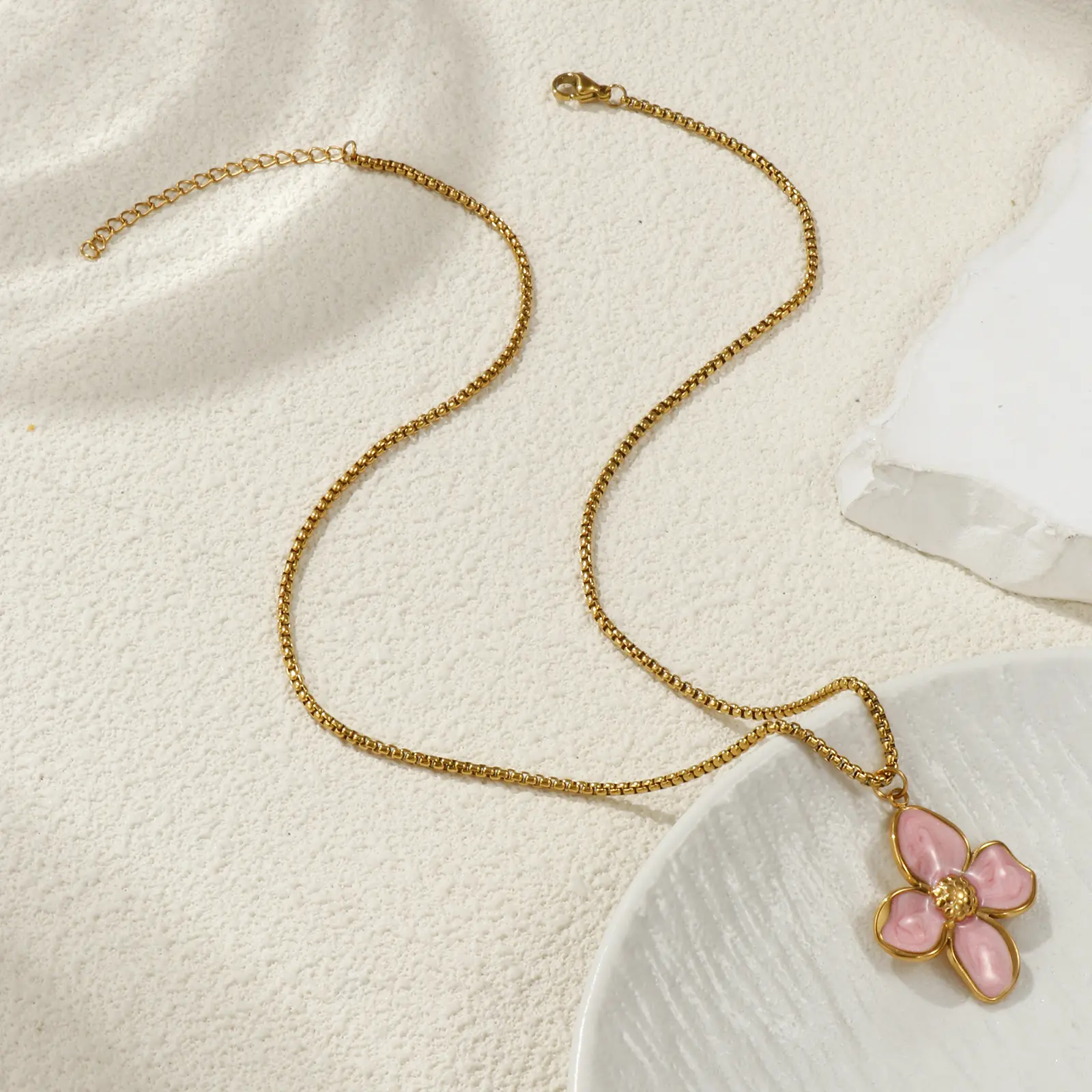 304 Stainless Steel Necklace 18K Gold Plated Box Chain Flower Pendant Charm Necklace For Women Enamel Gift 45cm(17.7") + 5cm(2")