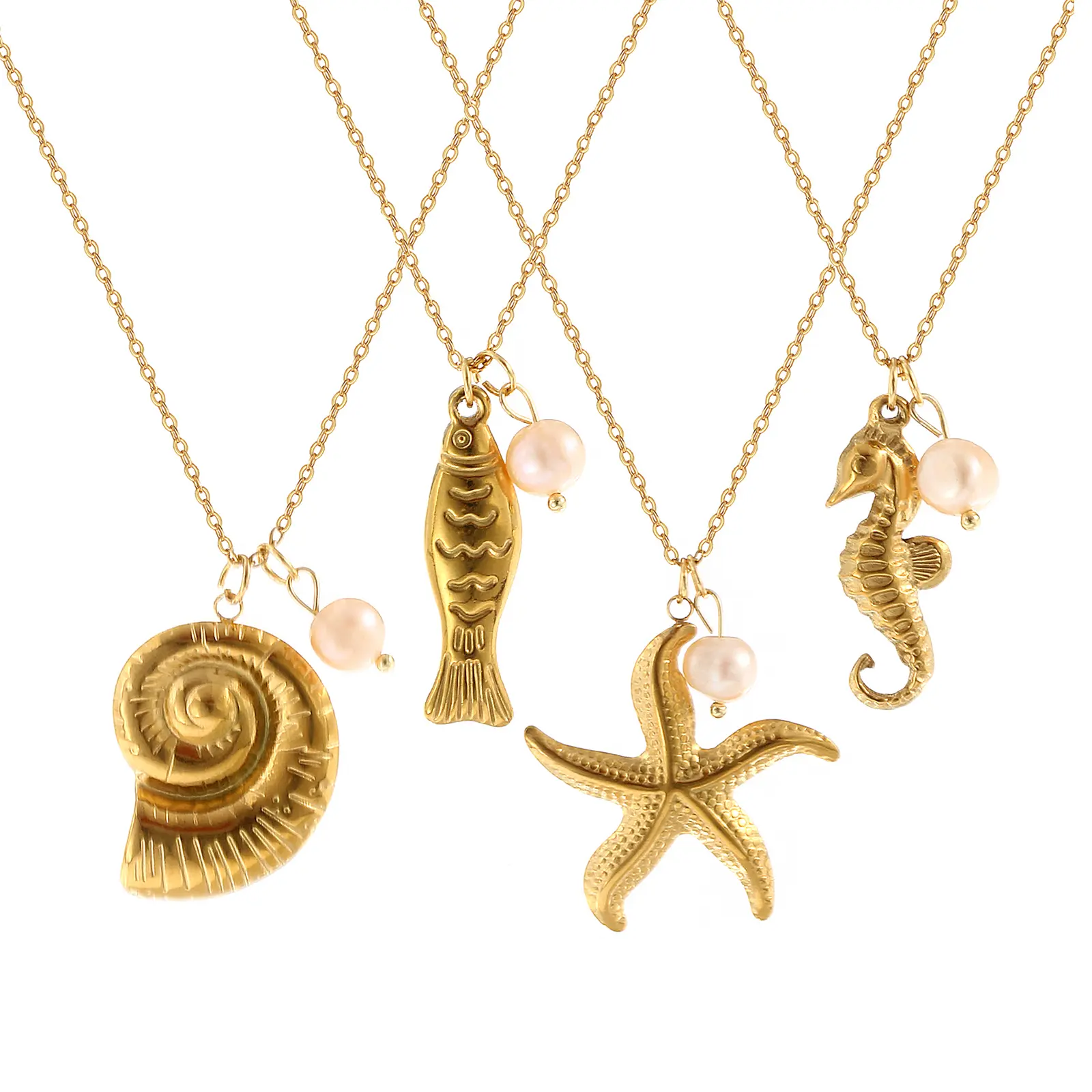 Ocean Jewelry 18K Real Gold Plated 304 Stainless Steel & Natural Pearl Link Cable Chain Pendant Charm Necklace For Women Gift