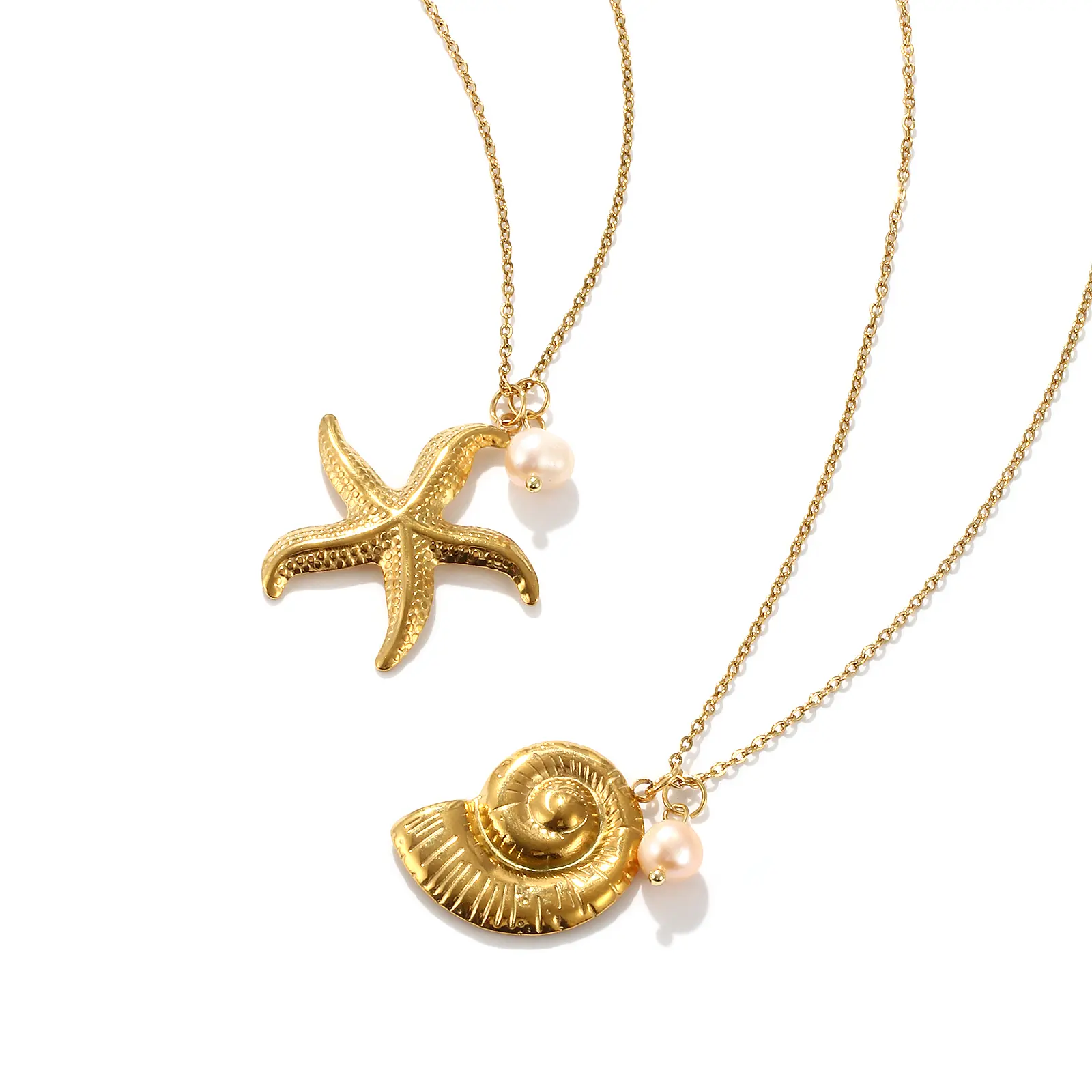 Ocean Jewelry 18K Real Gold Plated 304 Stainless Steel & Natural Pearl Link Cable Chain Pendant Charm Necklace For Women Gift