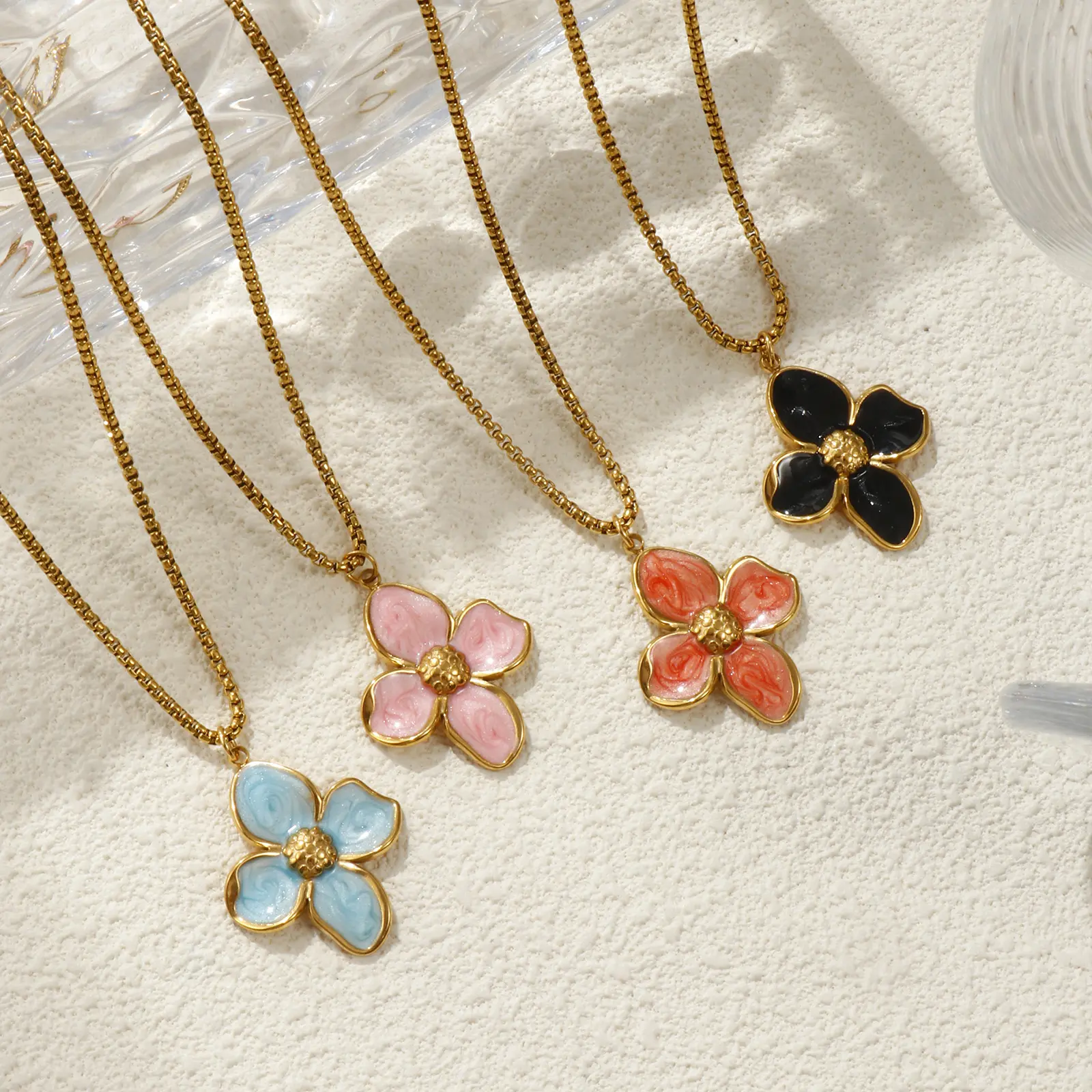 304 Stainless Steel Necklace 18K Gold Plated Box Chain Flower Pendant Charm Necklace For Women Enamel Gift 45cm(17.7") + 5cm(2")