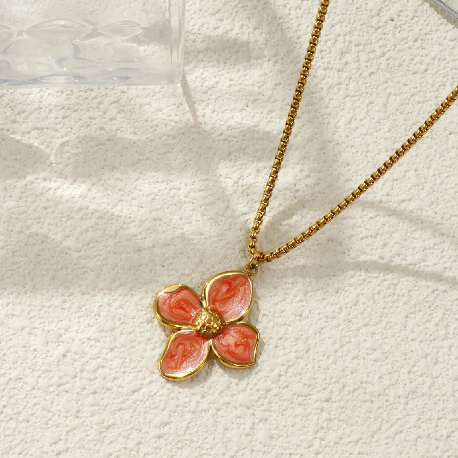 304 Stainless Steel Necklace 18K Gold Plated Box Chain Flower Pendant Charm Necklace For Women Enamel Gift 45cm(17.7") + 5cm(2")