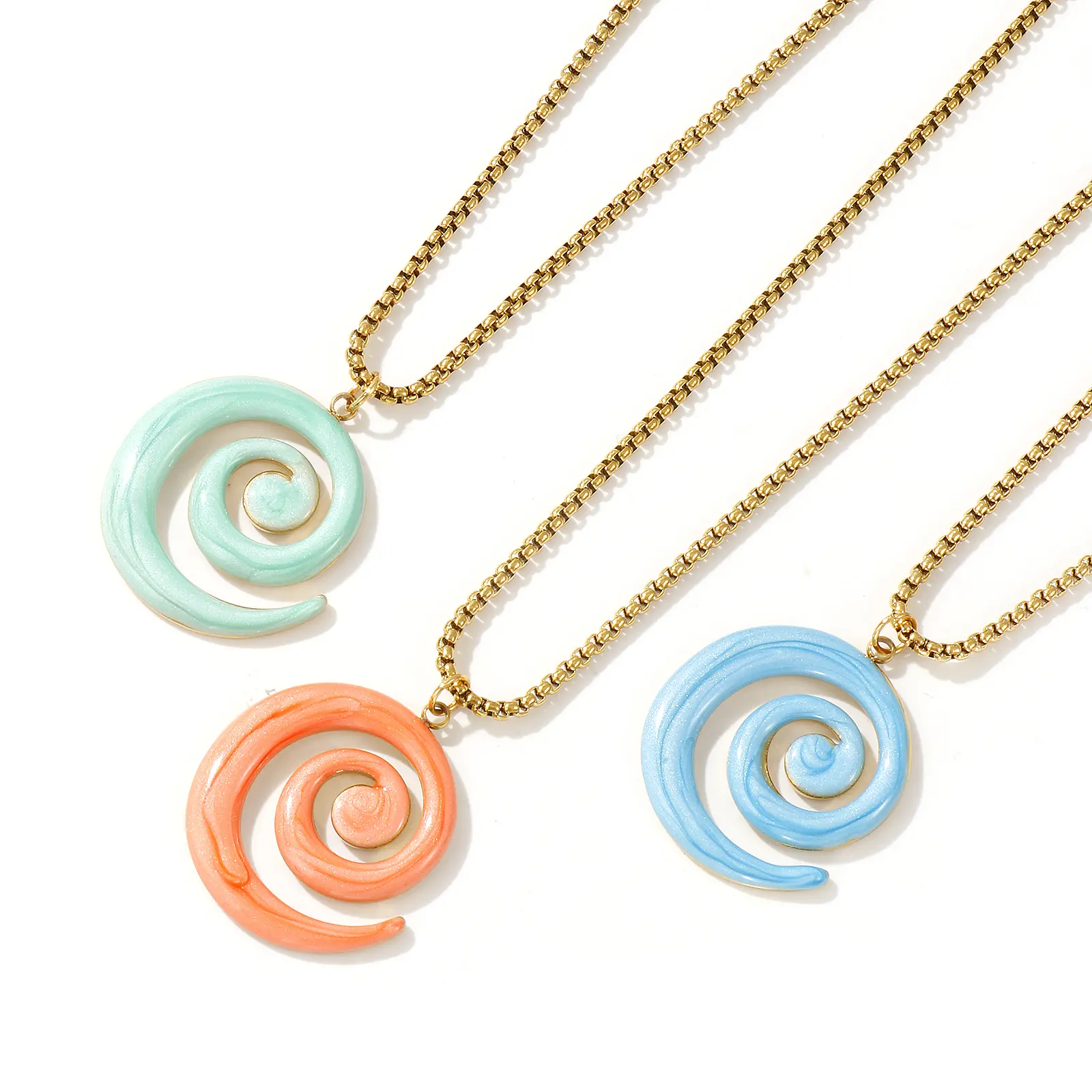 304 Stainless Steel Spiral Pendant Charm Necklace 18K Gold Plated Box Chain 45cm + 5cm Enamel Pearlized For Women Party Gift