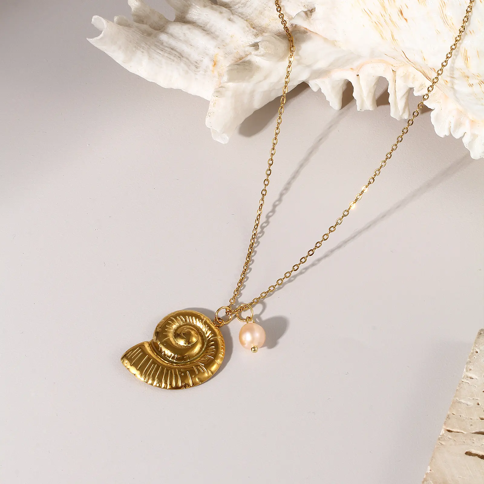 Ocean Jewelry 18K Real Gold Plated 304 Stainless Steel & Natural Pearl Link Cable Chain Pendant Charm Necklace For Women Gift