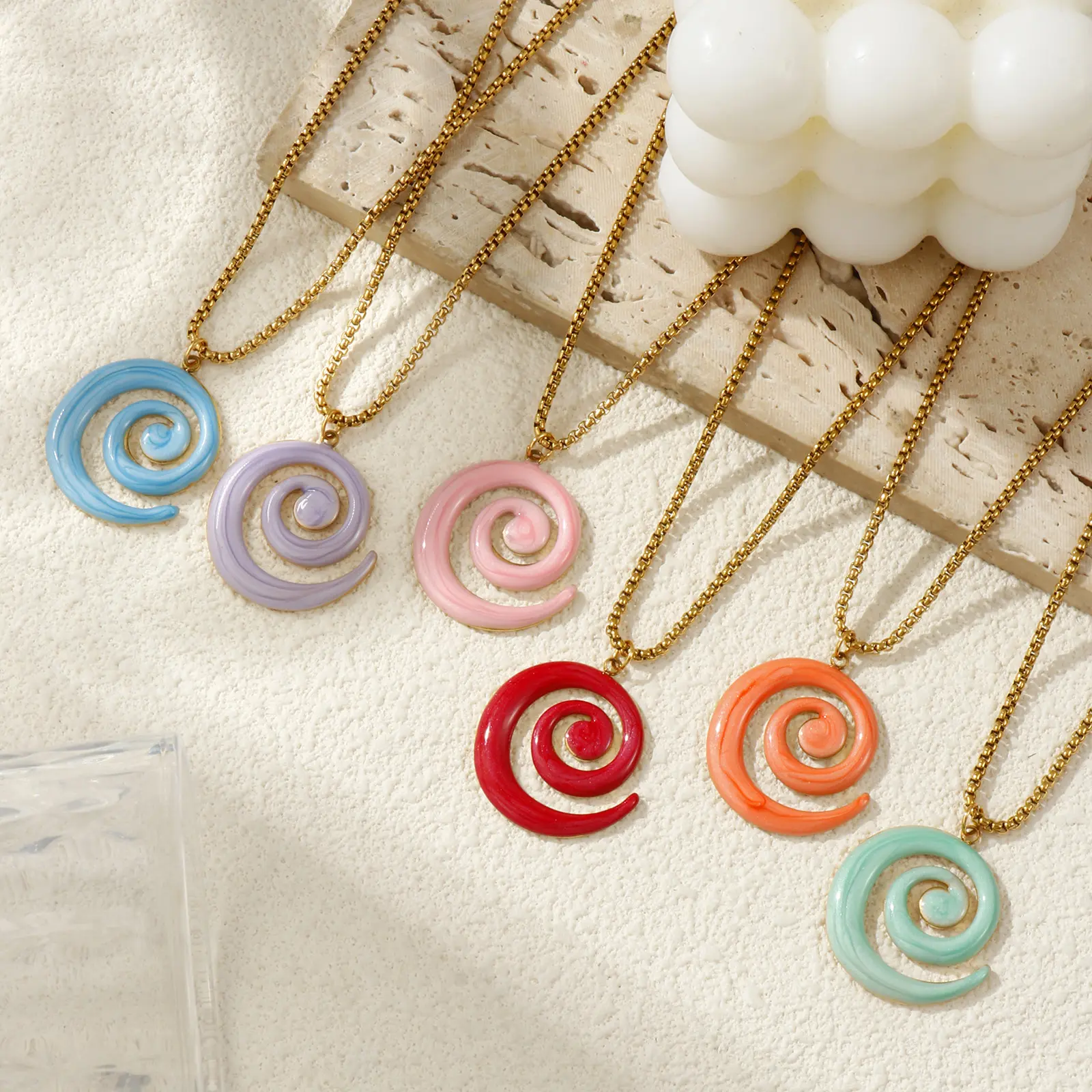 304 Stainless Steel Spiral Pendant Charm Necklace 18K Gold Plated Box Chain 45cm + 5cm Enamel Pearlized For Women Party Gift