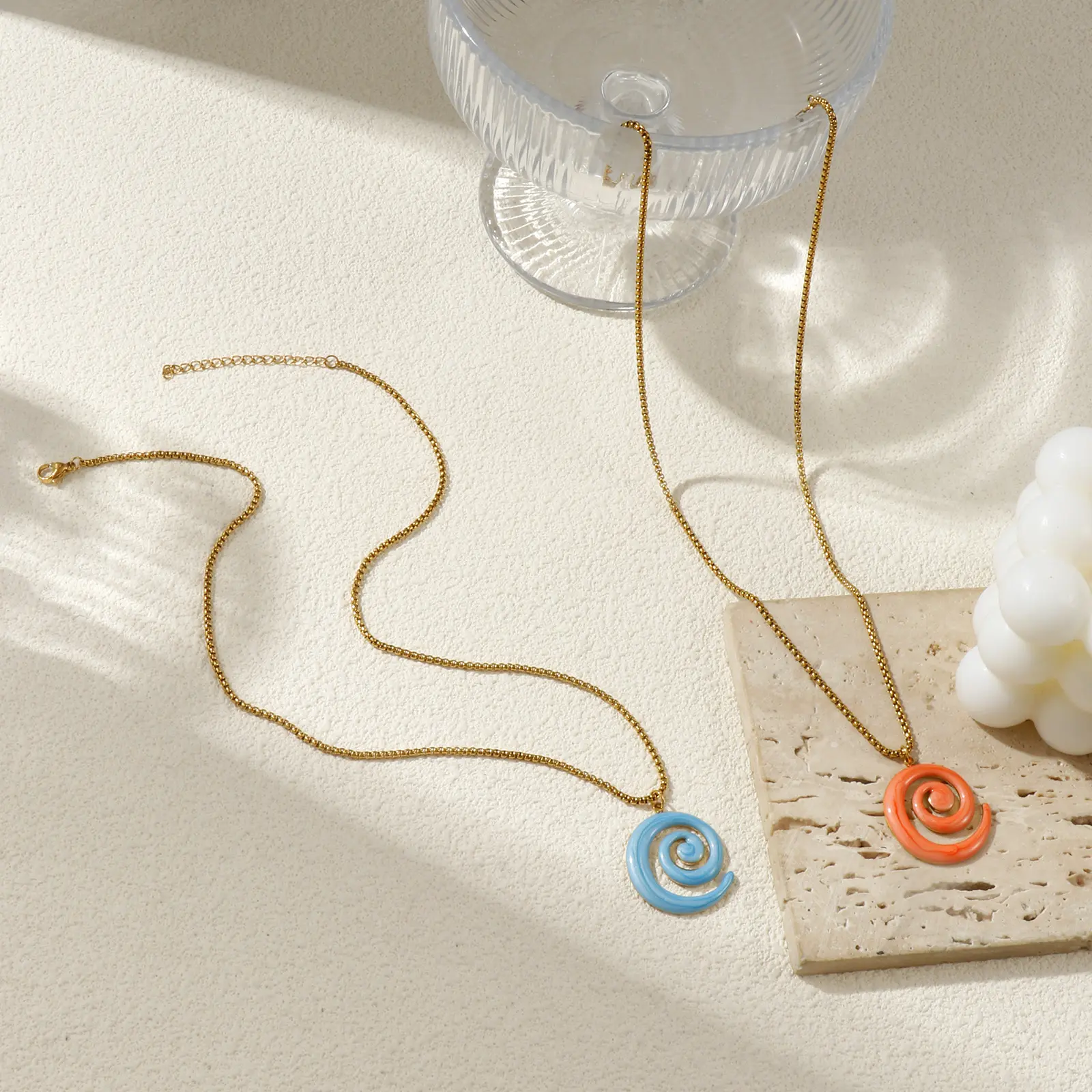 304 Stainless Steel Spiral Pendant Charm Necklace 18K Gold Plated Box Chain 45cm + 5cm Enamel Pearlized For Women Party Gift