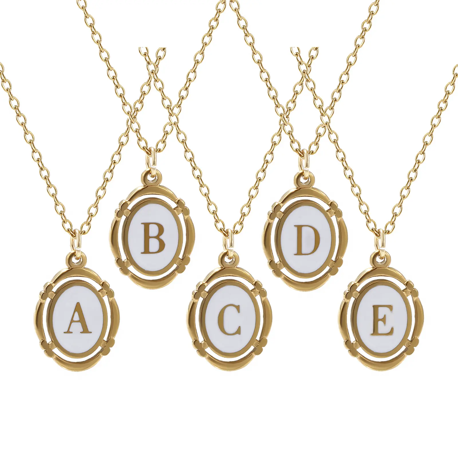 304 Stainless Steel White Capital Alphabet " A-Z "Letter Pendant Necklace Oval  18K Gold Plated For Women Unisex Necklace 45cm