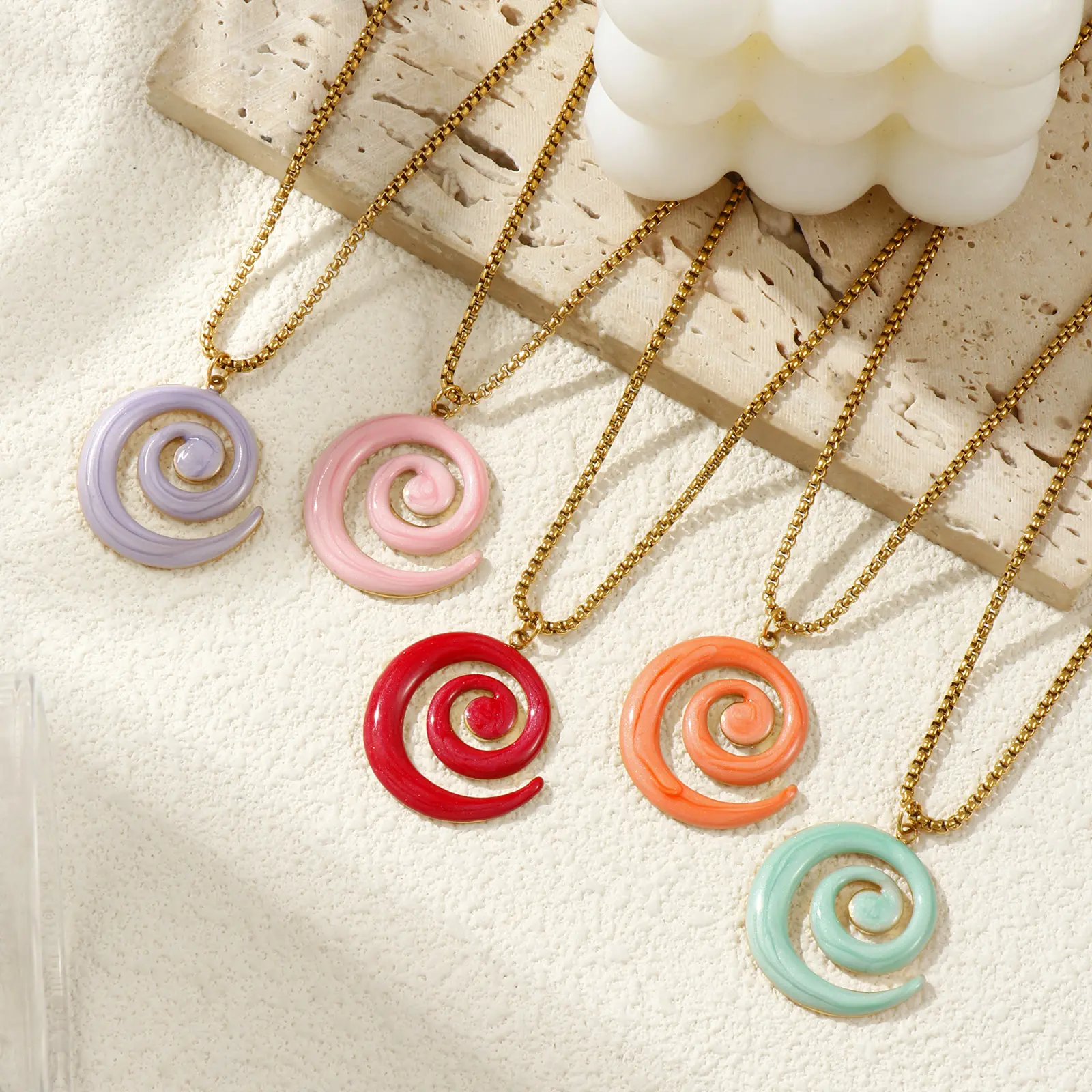 304 Stainless Steel Spiral Pendant Charm Necklace 18K Gold Plated Box Chain 45cm + 5cm Enamel Pearlized For Women Party Gift