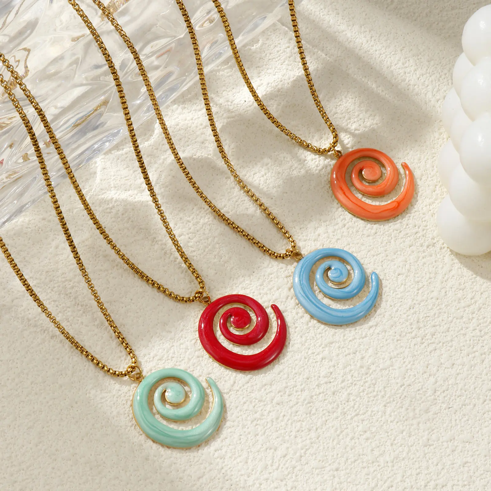 304 Stainless Steel Spiral Pendant Charm Necklace 18K Gold Plated Box Chain 45cm + 5cm Enamel Pearlized For Women Party Gift