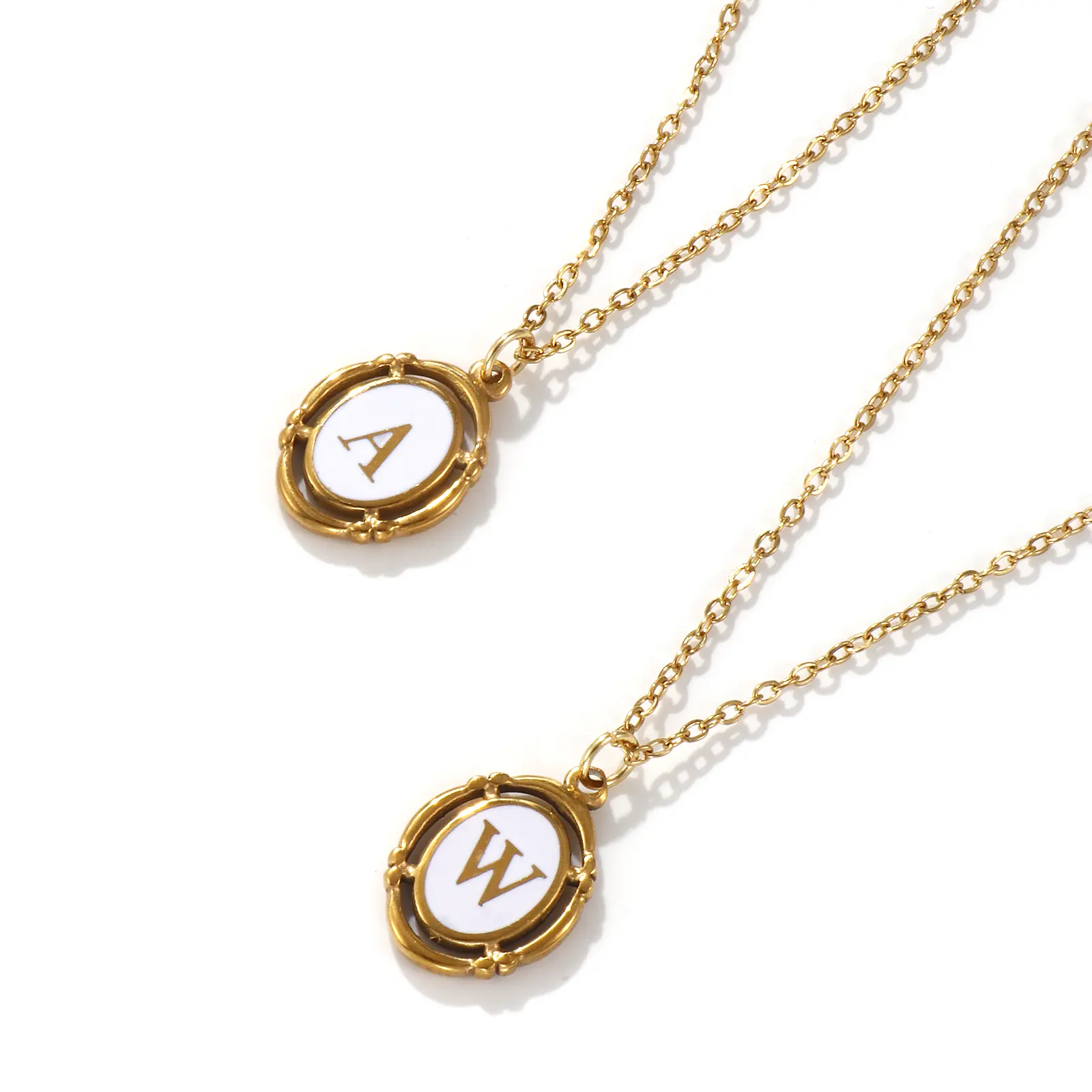 304 Stainless Steel White Capital Alphabet " A-Z "Letter Pendant Necklace Oval  18K Gold Plated For Women Unisex Necklace 45cm