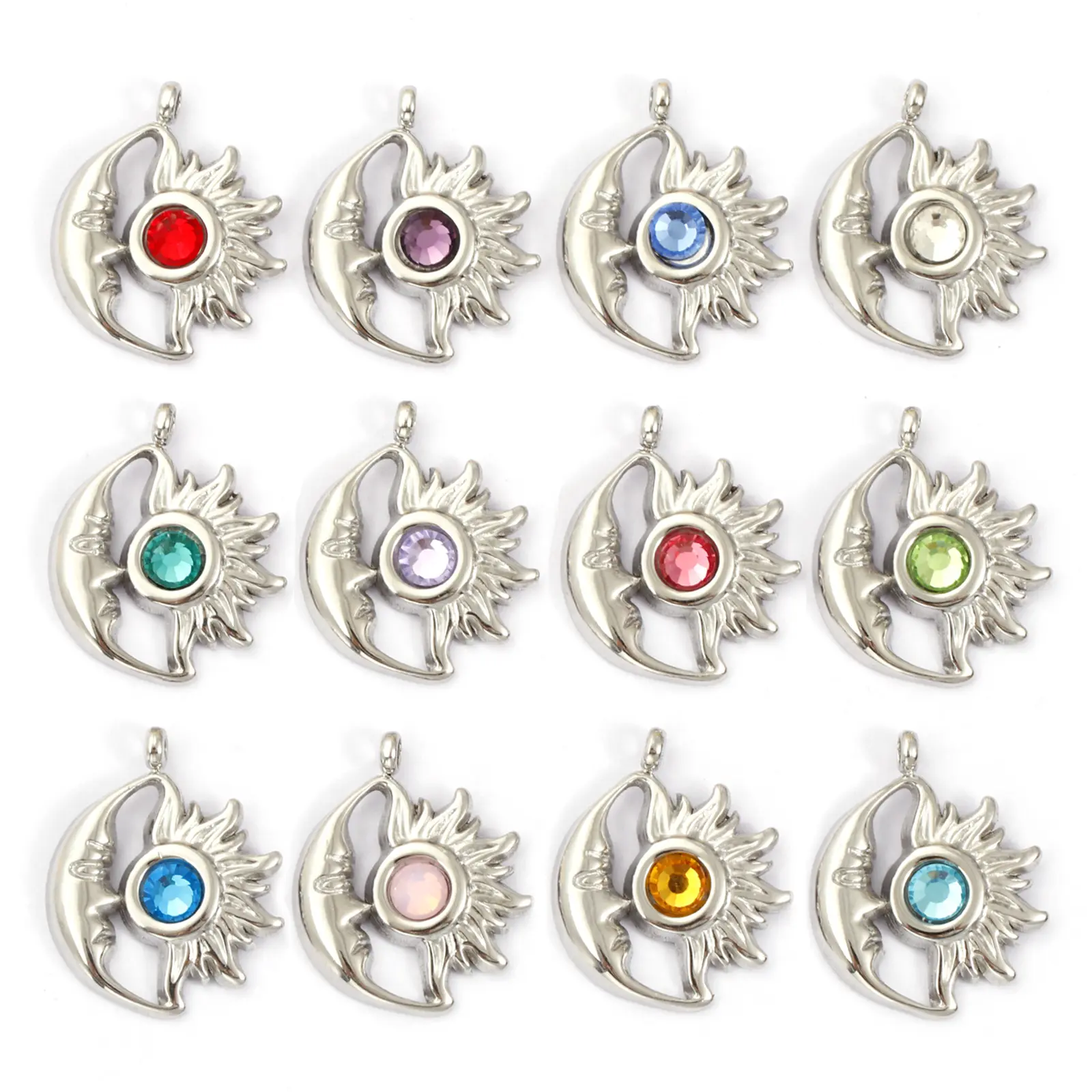 1Piece 304 Stainless Steel Birthstone Charms Silver Plated Sun And Moon Face Pendant For DIY Necklace Jewerly Making 19mm x 16mm