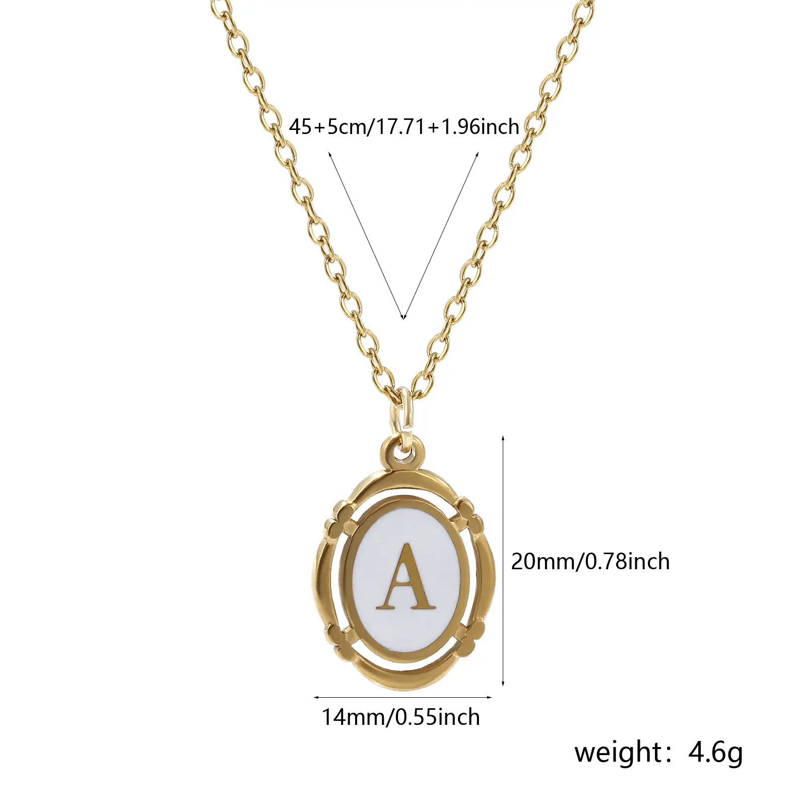 304 Stainless Steel White Capital Alphabet " A-Z "Letter Pendant Necklace Oval  18K Gold Plated For Women Unisex Necklace 45cm