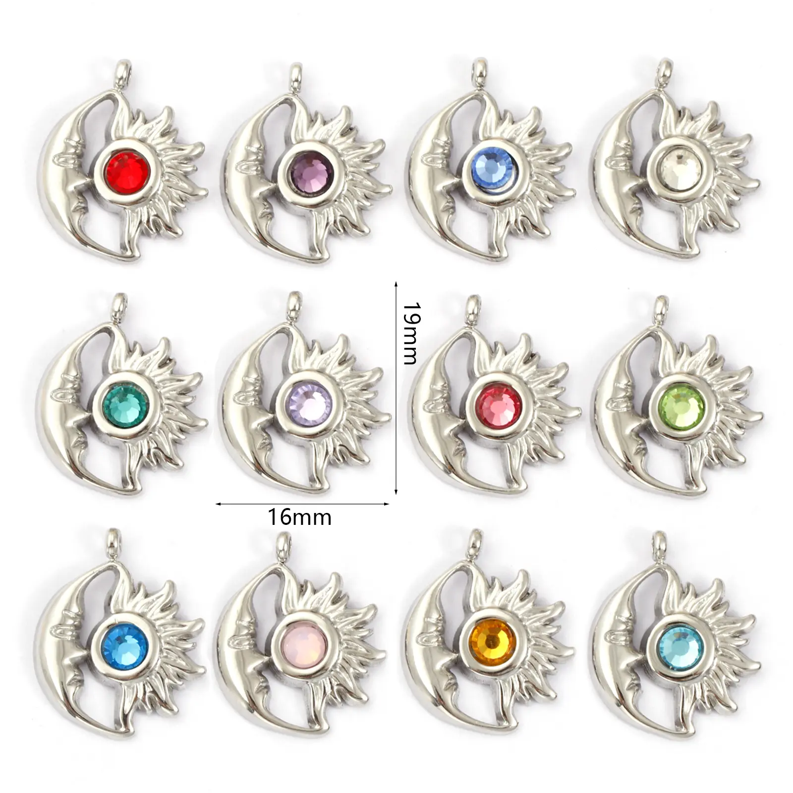 1Piece 304 Stainless Steel Birthstone Charms Silver Plated Sun And Moon Face Pendant For DIY Necklace Jewerly Making 19mm x 16mm