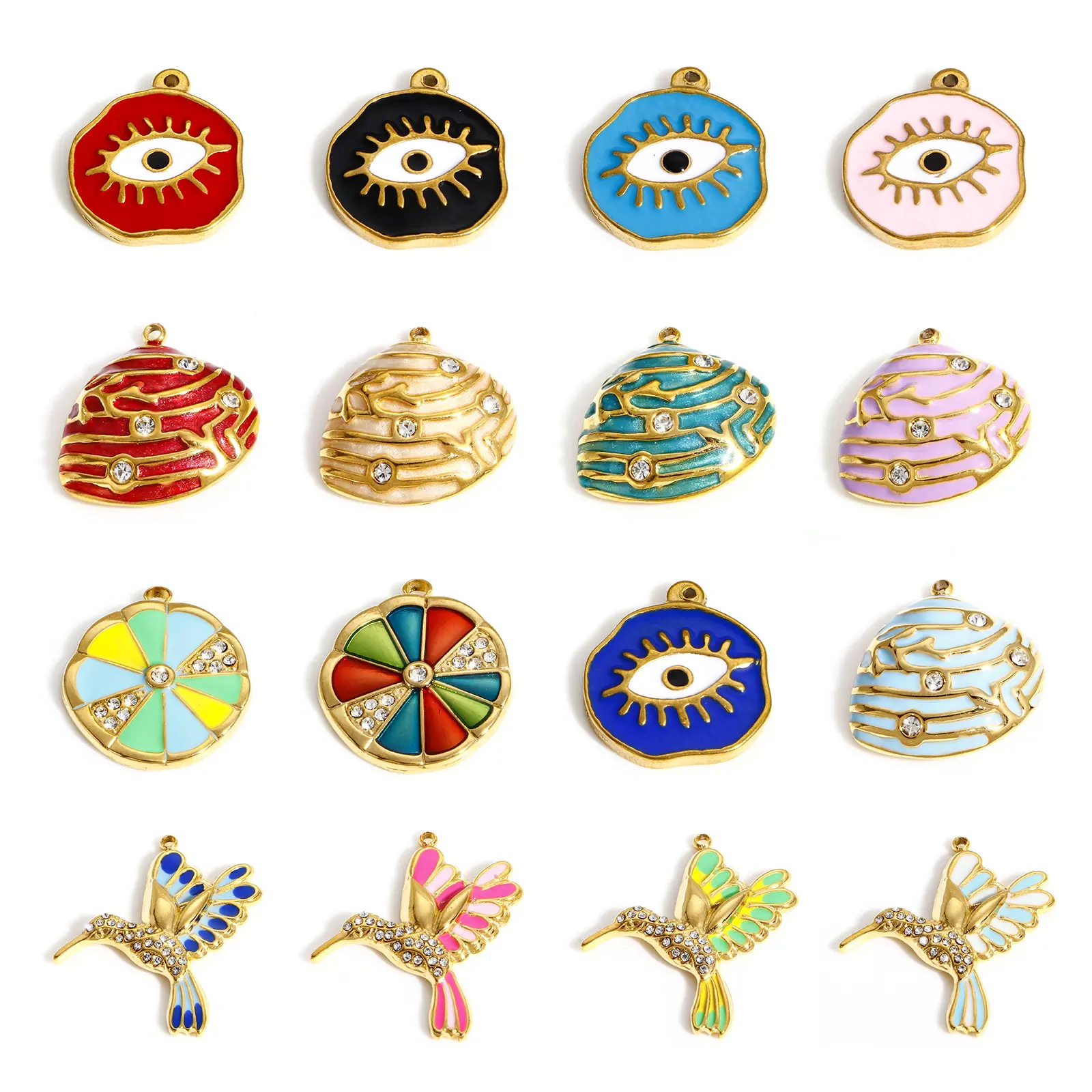New 304 Stainless Steel Enamel Evil Eye Hummingbird Charms For Jewelry Making Gold Color Shell Rhinestone DIY Necklace Pendants