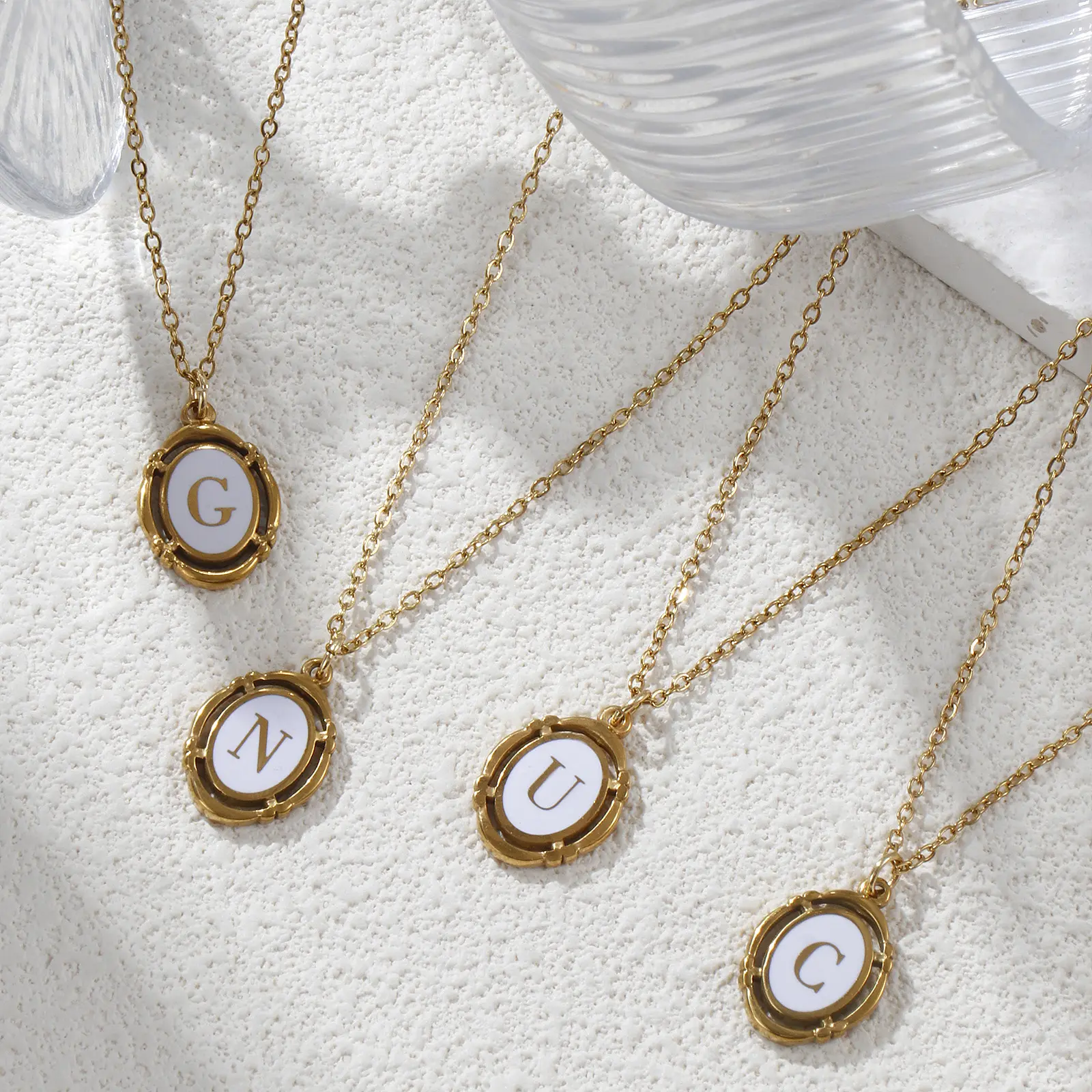 304 Stainless Steel White Capital Alphabet " A-Z "Letter Pendant Necklace Oval  18K Gold Plated For Women Unisex Necklace 45cm