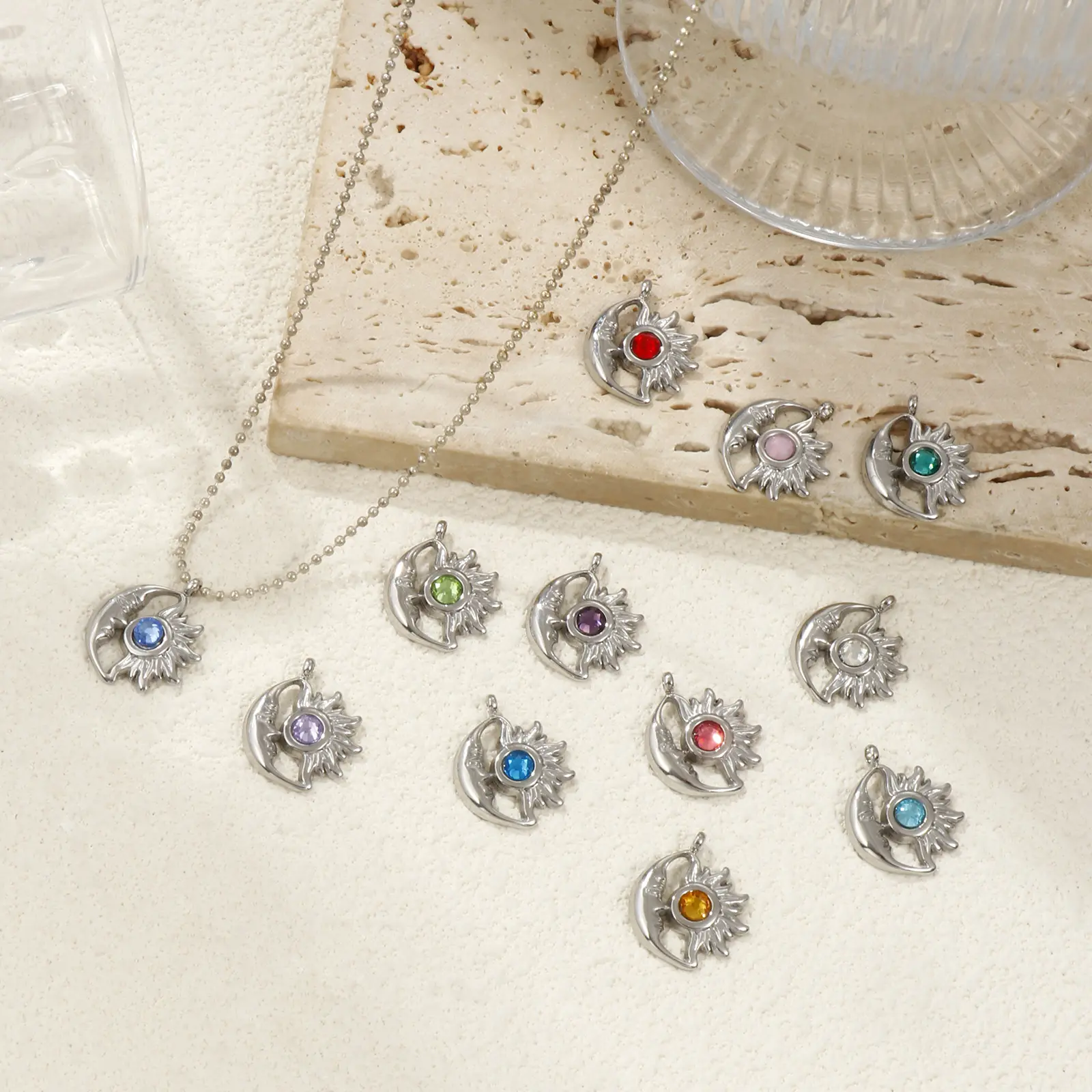 1Piece 304 Stainless Steel Birthstone Charms Silver Plated Sun And Moon Face Pendant For DIY Necklace Jewerly Making 19mm x 16mm