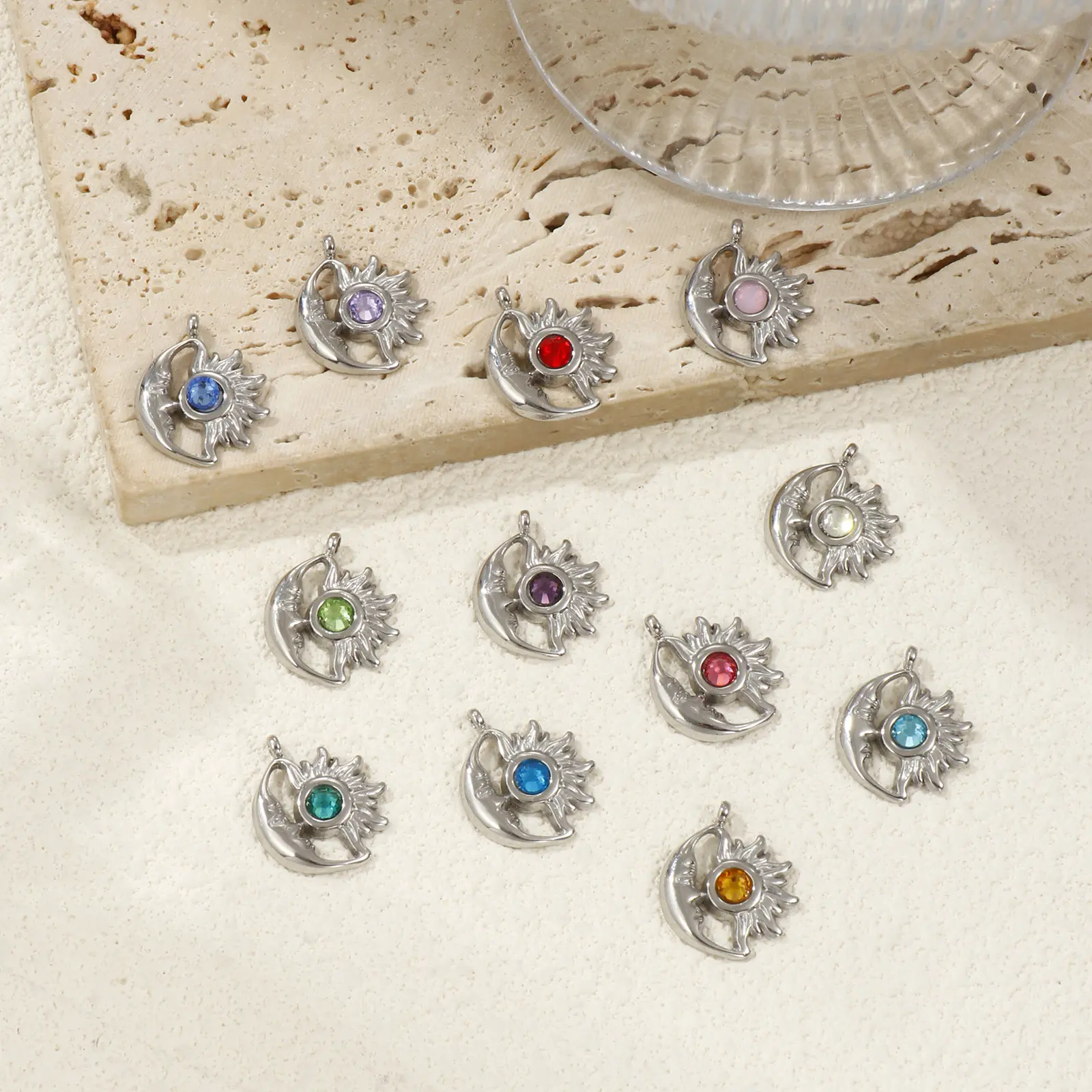 1Piece 304 Stainless Steel Birthstone Charms Silver Plated Sun And Moon Face Pendant For DIY Necklace Jewerly Making 19mm x 16mm