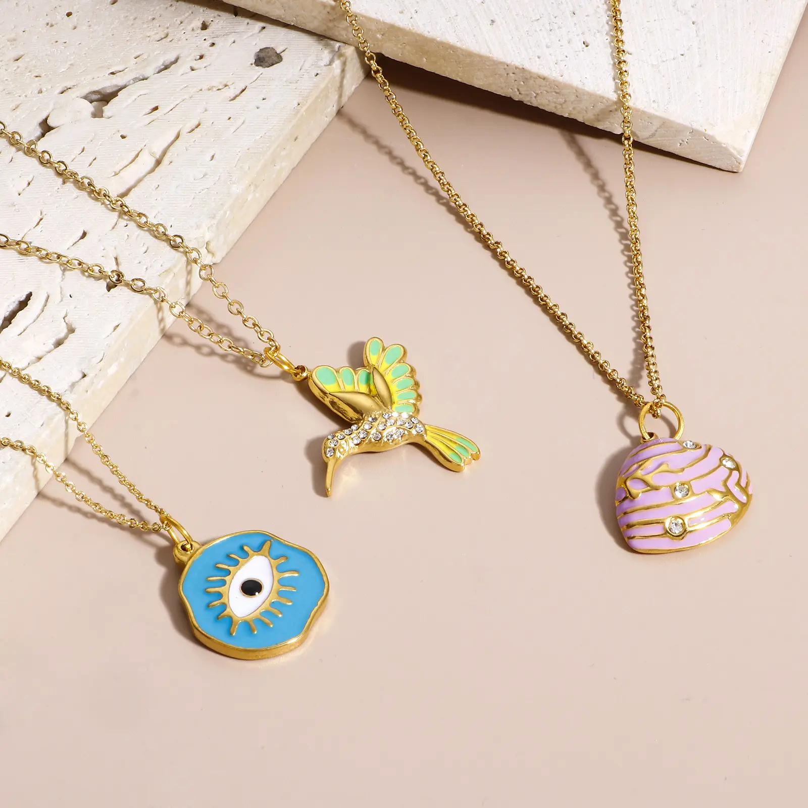 New 304 Stainless Steel Enamel Evil Eye Hummingbird Charms For Jewelry Making Gold Color Shell Rhinestone DIY Necklace Pendants