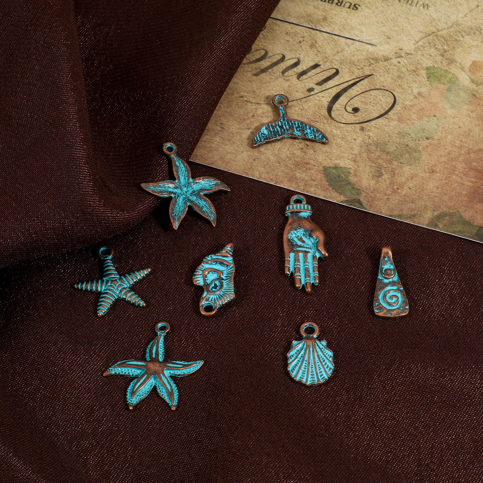 10PCs Vintage Patina Charms Blue Antique Bronze Star Shell Metal Pendants For DIY Bracelets Earrings Necklace Jewelry Findings