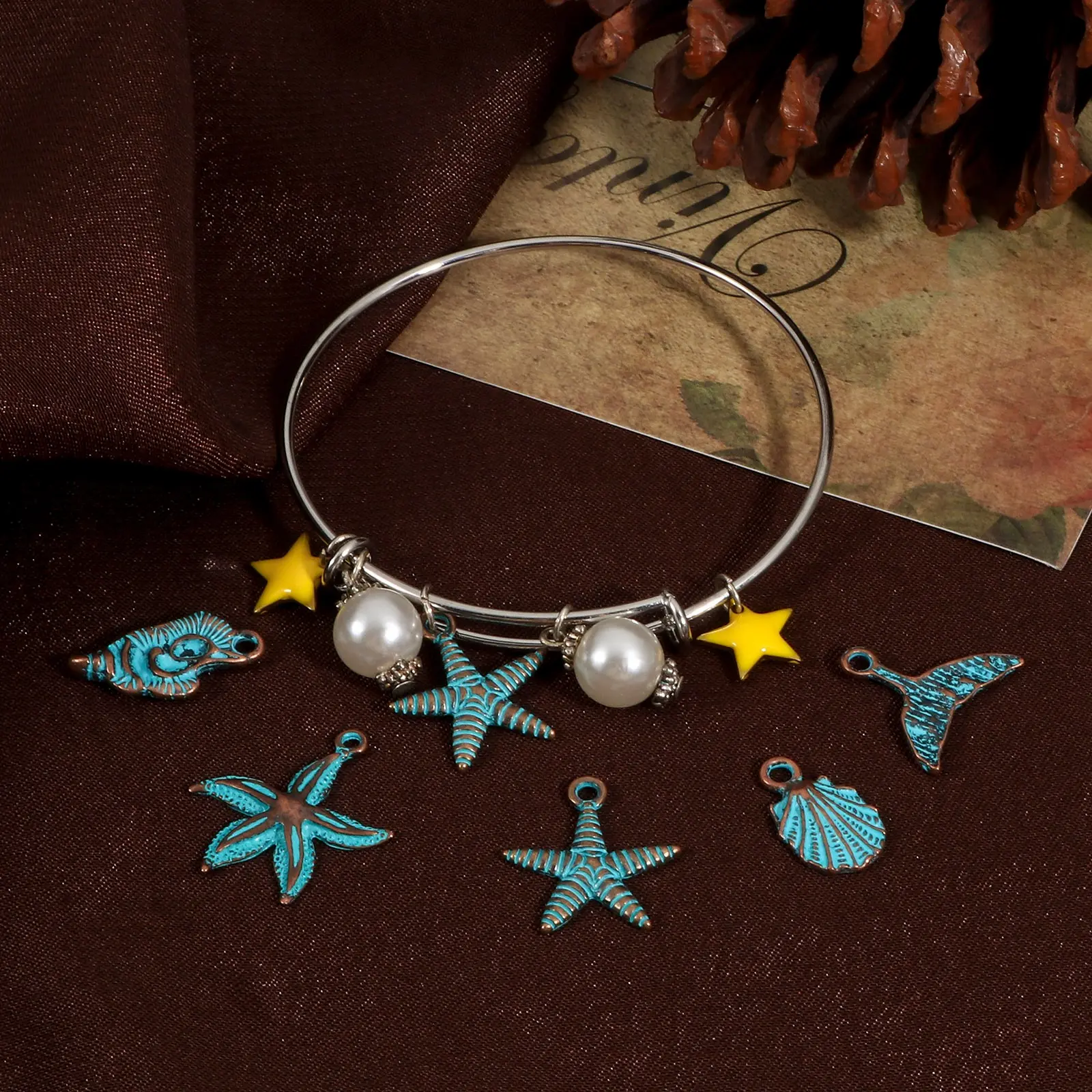 10PCs Vintage Patina Charms Blue Antique Bronze Star Shell Metal Pendants For DIY Bracelets Earrings Necklace Jewelry Findings