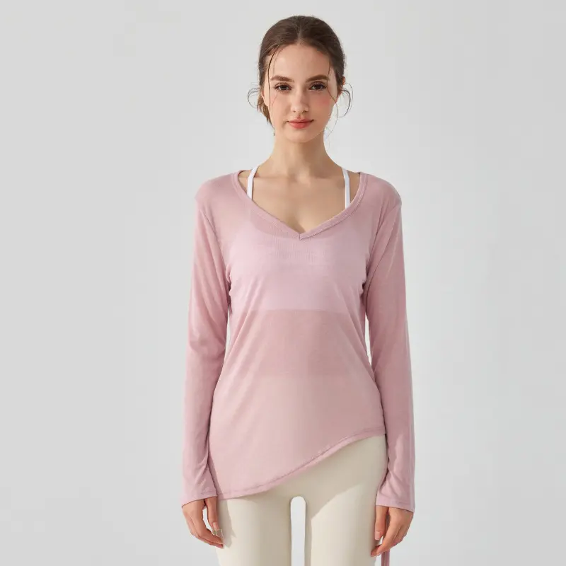 Drawstring Pleated Sports Top Women's Loose Running Cover Long Sleeved Hip Covering Irregular Pilates Fitness Yoga Suit Clothing