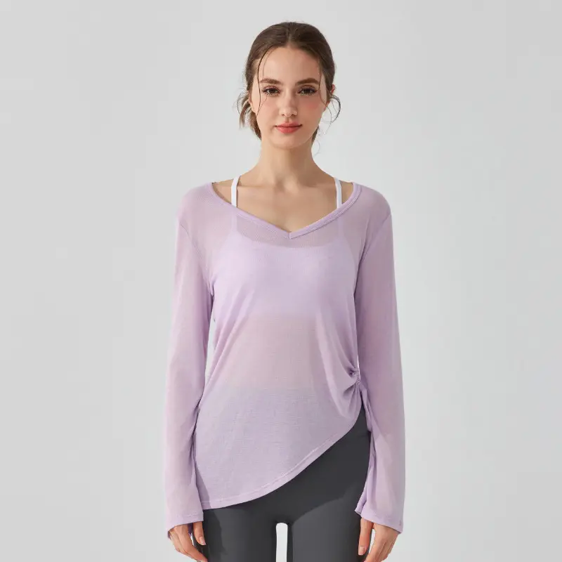 Drawstring Pleated Sports Top Women's Loose Running Cover Long Sleeved Hip Covering Irregular Pilates Fitness Yoga Suit Clothing