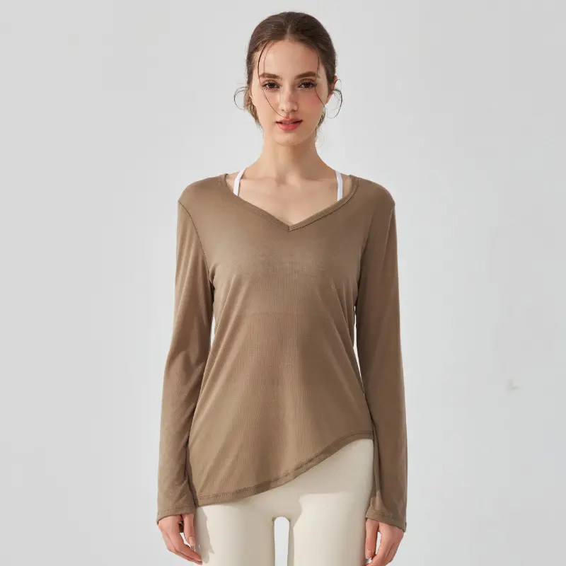 Drawstring Pleated Sports Top Women's Loose Running Cover Long Sleeved Hip Covering Irregular Pilates Fitness Yoga Suit Clothing