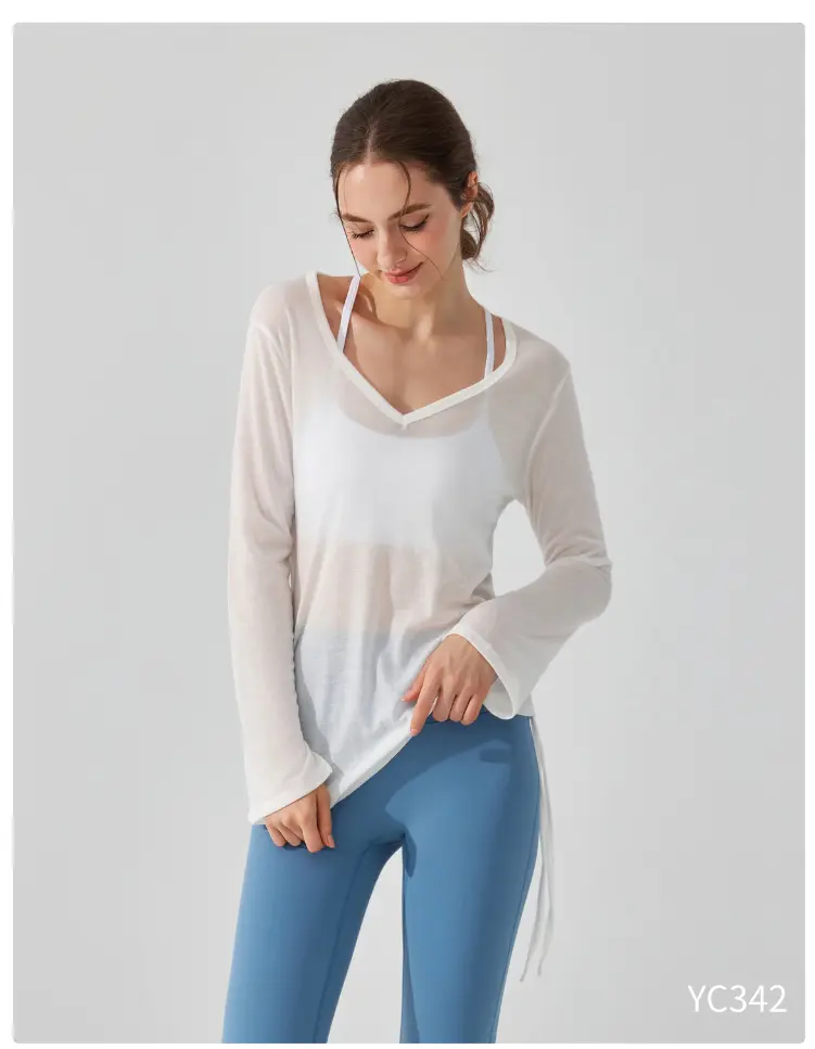 Drawstring Pleated Sports Top Women's Loose Running Cover Long Sleeved Hip Covering Irregular Pilates Fitness Yoga Suit Clothing