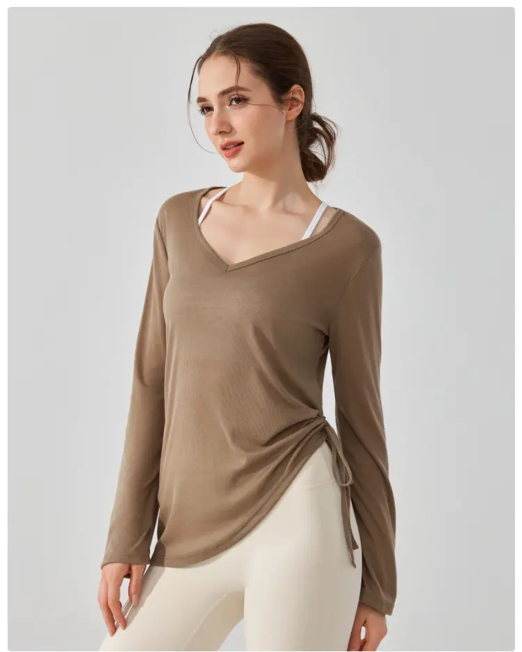 Drawstring Pleated Sports Top Women's Loose Running Cover Long Sleeved Hip Covering Irregular Pilates Fitness Yoga Suit Clothing