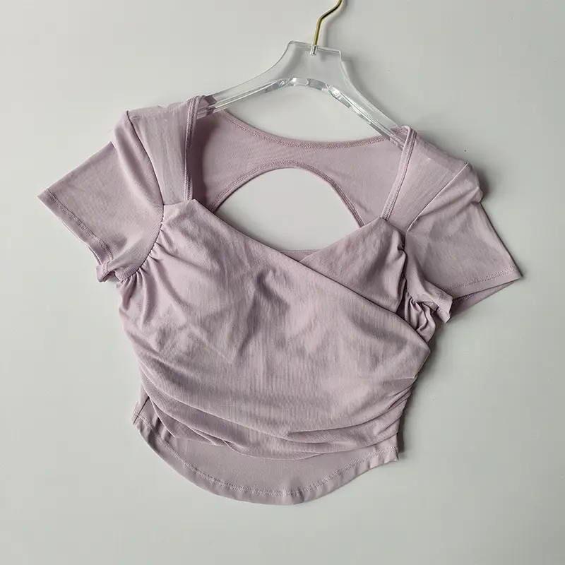 Advanced French Mesh Yoga Suit for Women's Top Pilates Short Sleeved Sportswear with Chest Pad Fitness T-shirt Short Style