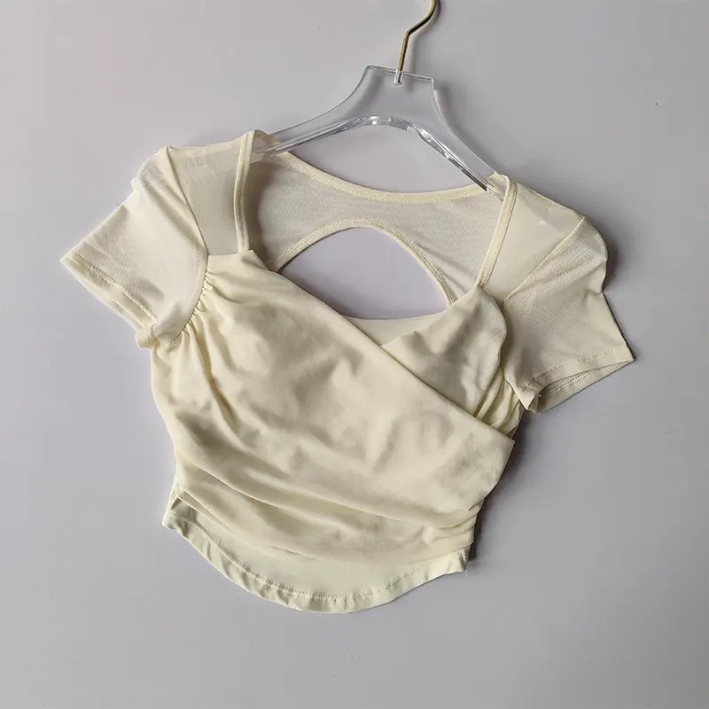 Advanced French Mesh Yoga Suit for Women's Top Pilates Short Sleeved Sportswear with Chest Pad Fitness T-shirt Short Style