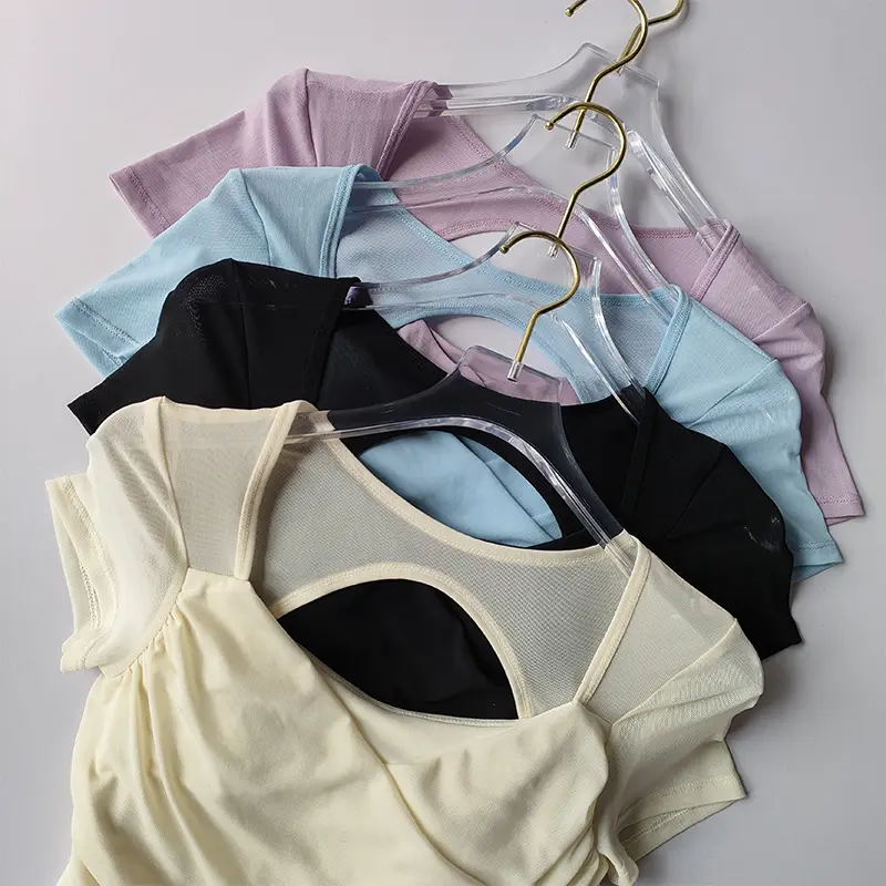 Advanced French Mesh Yoga Suit for Women's Top Pilates Short Sleeved Sportswear with Chest Pad Fitness T-shirt Short Style