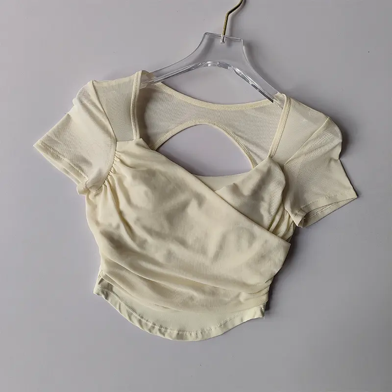 Advanced French Mesh Yoga Suit for Women's Top Pilates Short Sleeved Sportswear with Chest Pad Fitness T-shirt Short Style