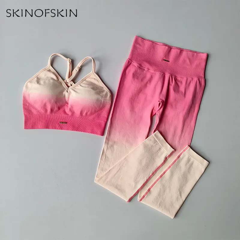 Seamless Sports Bras Gradient Yoga Suit Gathered Back Vest Set Women's Peach Hip High Waist Leggings Fit Sports Fitness 2PCS Set