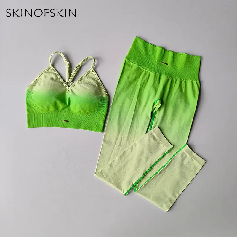 Seamless Sports Bras Gradient Yoga Suit Gathered Back Vest Set Women's Peach Hip High Waist Leggings Fit Sports Fitness 2PCS Set