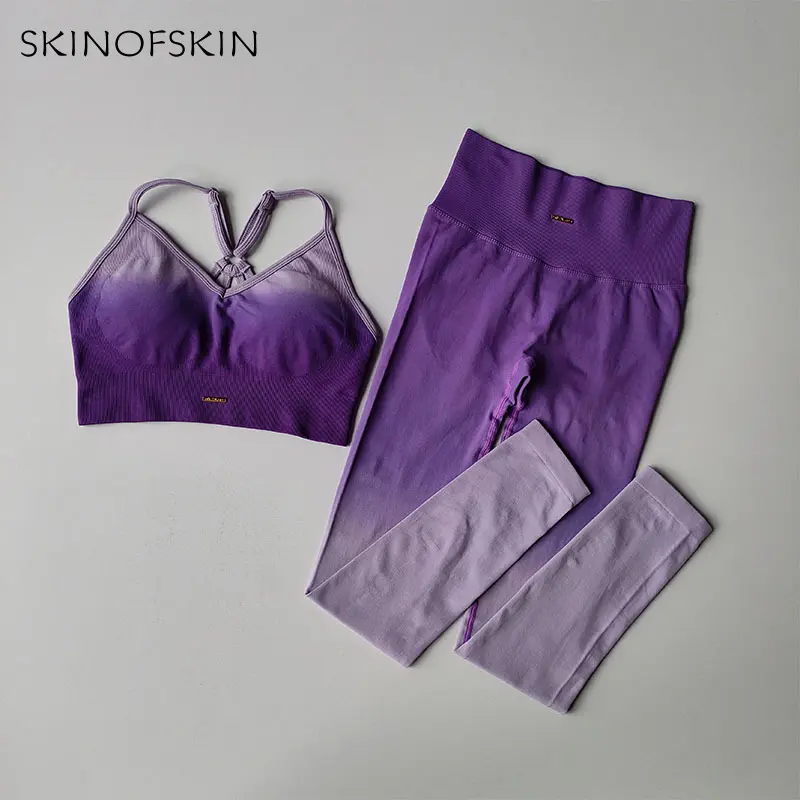Seamless Sports Bras Gradient Yoga Suit Gathered Back Vest Set Women's Peach Hip High Waist Leggings Fit Sports Fitness 2PCS Set
