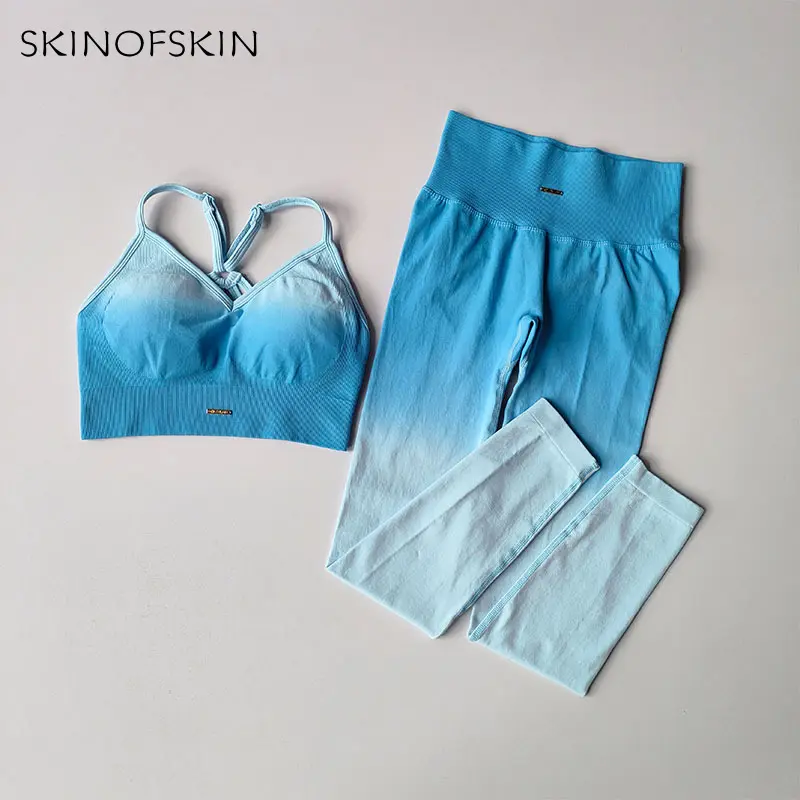 Seamless Sports Bras Gradient Yoga Suit Gathered Back Vest Set Women's Peach Hip High Waist Leggings Fit Sports Fitness 2PCS Set