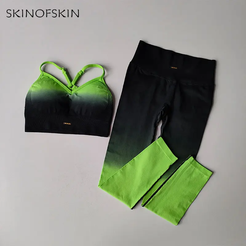Seamless Sports Bras Gradient Yoga Suit Gathered Back Vest Set Women's Peach Hip High Waist Leggings Fit Sports Fitness 2PCS Set