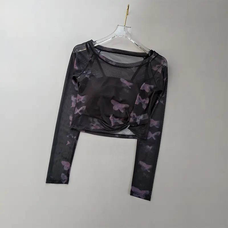 Advanced Mesh Fake Long Sleeved Shirts Women Fixed Chest Cushion Yoga Suit Quick Drying Breathable Slimming Fitness Top Clothing