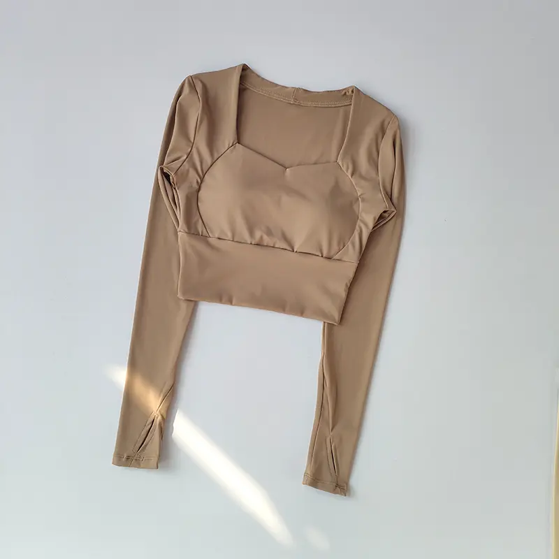 Nude V-neck Integrated Cup Chest Pad Yoga Suit Top Sports T-shirt High Elasticity Fitness Suit Long Sleeve Quick Drying Clothing